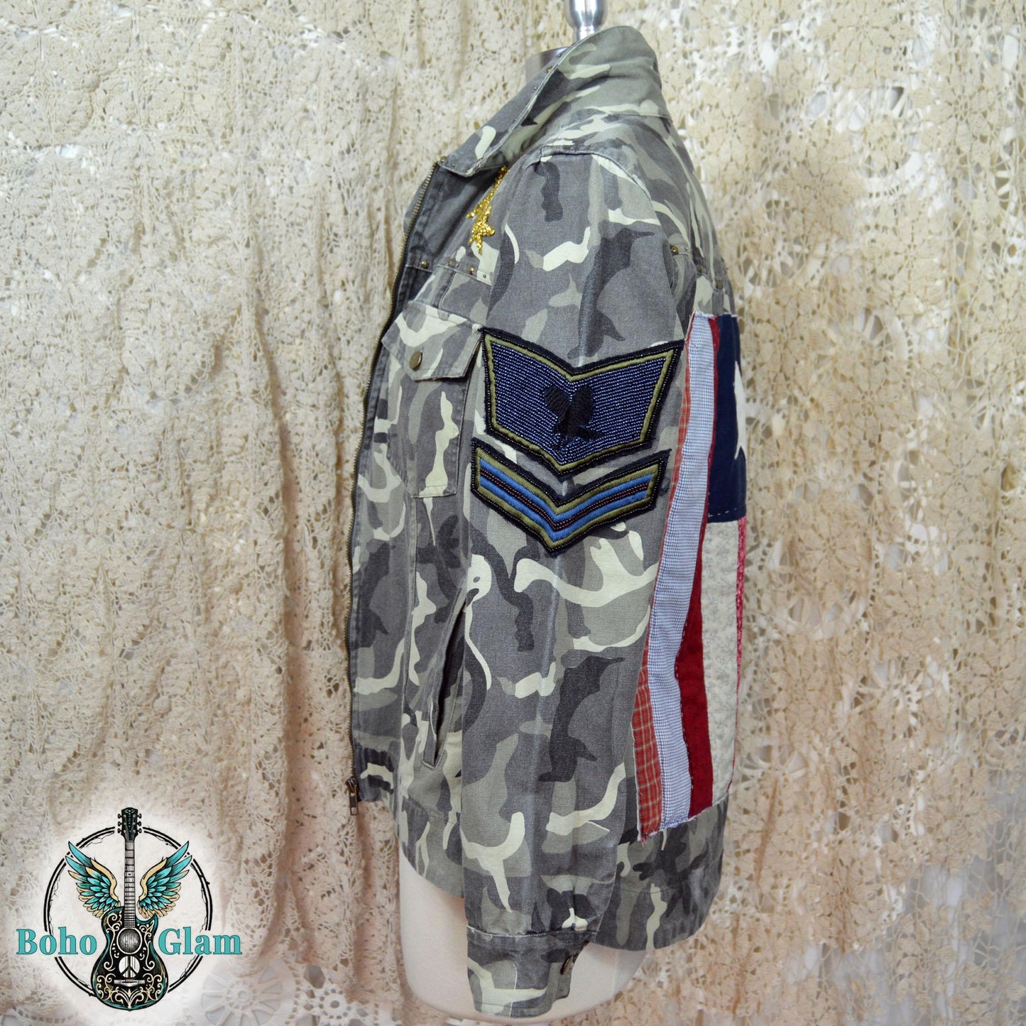 Upcycled Camo Jacket, Quilted American Flag Appliqué, Boho Military Style, Stars & Stories