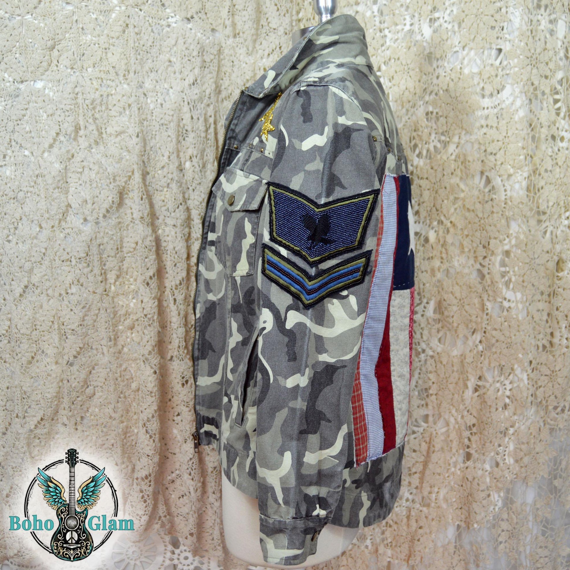 Upcycled Camo Jacket, Quilted American Flag Appliqué, Boho Military Style, Stars & Stories