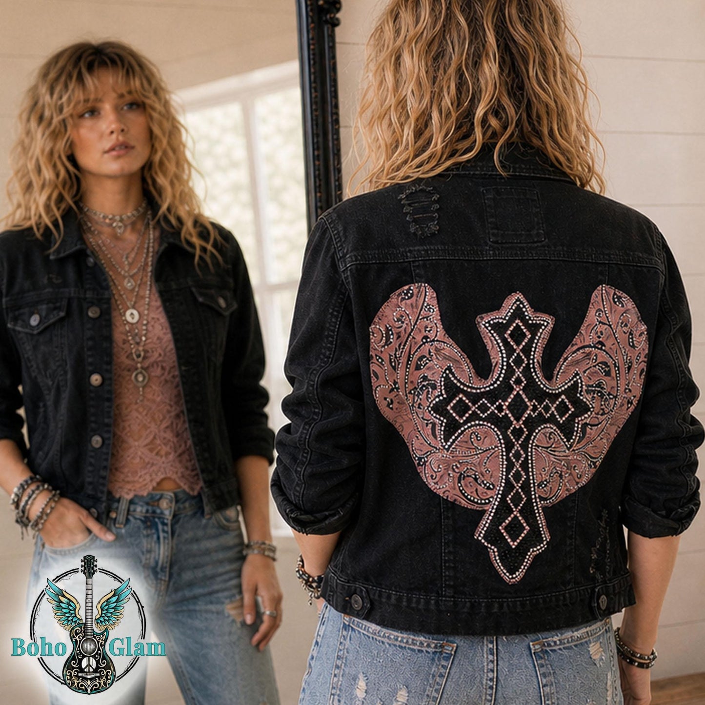 Cropped Black Denim Jacket, Crystal Cross Embellished, Upcycled Boho Style