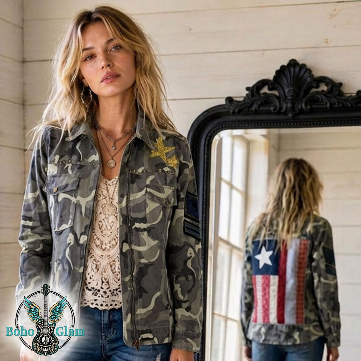 Upcycled Camo Jacket, Quilted American Flag Appliqué, Boho Military Style, Stars & Stories