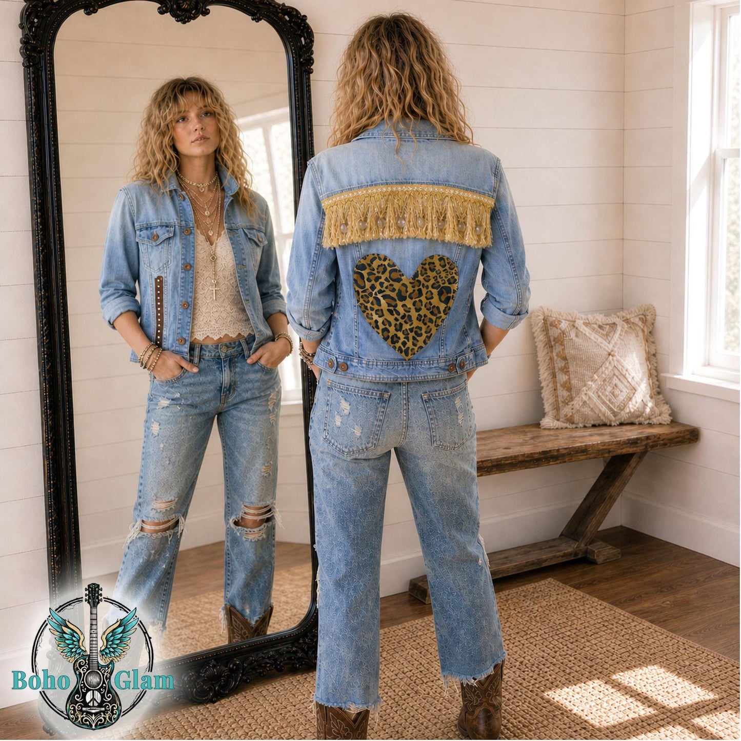 Upcycled Leopard Heart Jacket, Gold Fringe, Boho Festival Style, Size 6