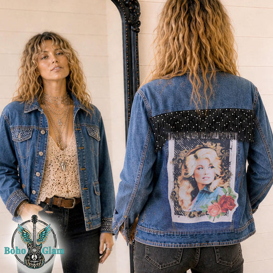 Dolly Inspired Denim Jacket, Upcycled Sequin Fringe Concert Wear