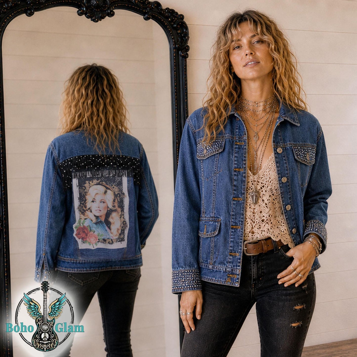 Dolly Inspired Denim Jacket, Upcycled Sequin Fringe Concert Wear