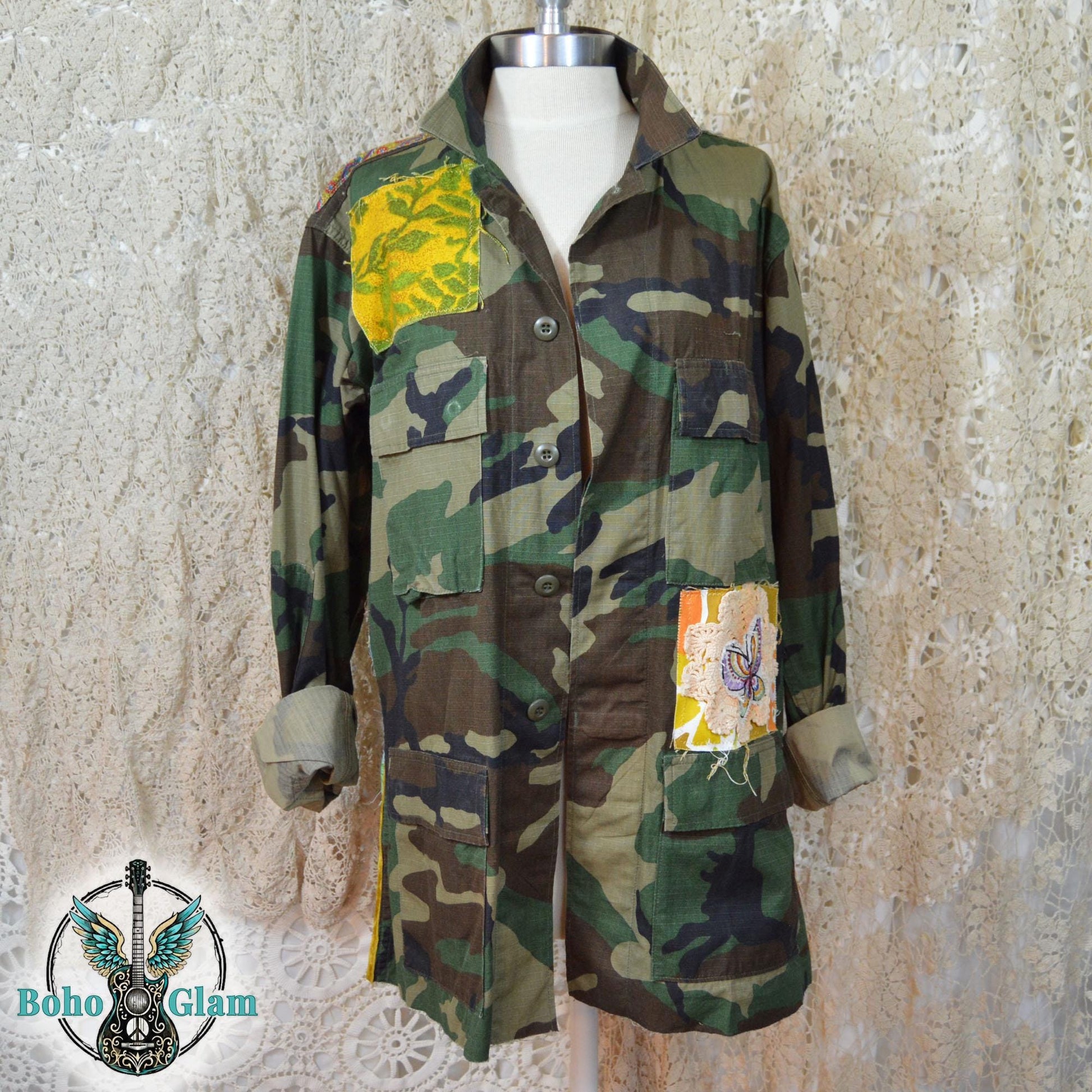 Upcycled Patchwork Camo Jacket, Boho Peace Sign Military Coat, Wearable Art (M/L)