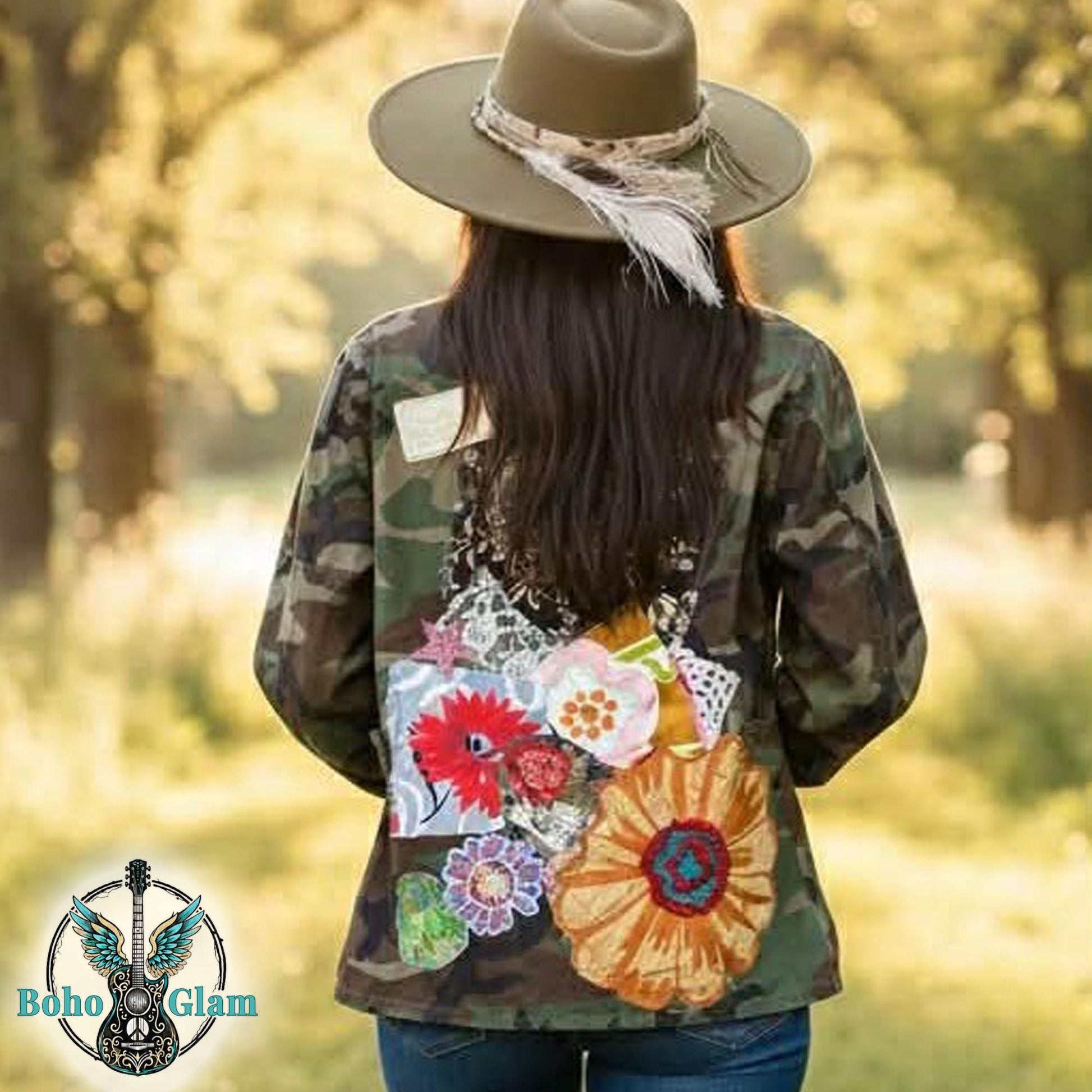 Camo Patchwork Jacket, Upcycled, Boho Floral Applique, Military Wearable Art