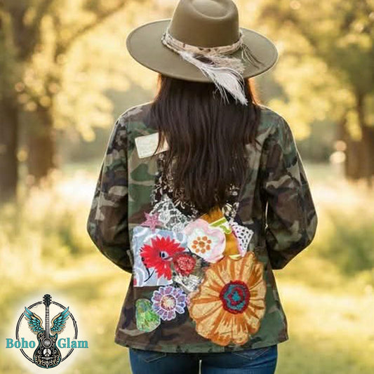 Camo Patchwork Jacket, Upcycled, Boho Floral Applique, Military Wearable Art