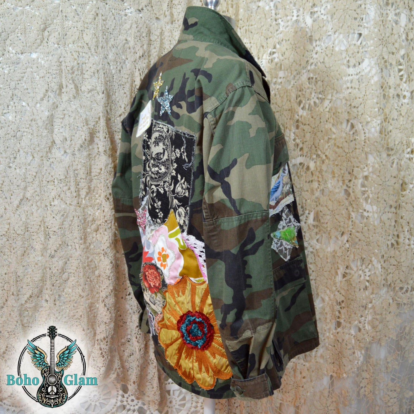Upcycled Camo Patchwork Jacket, Boho Floral Applique Military Wearable Art