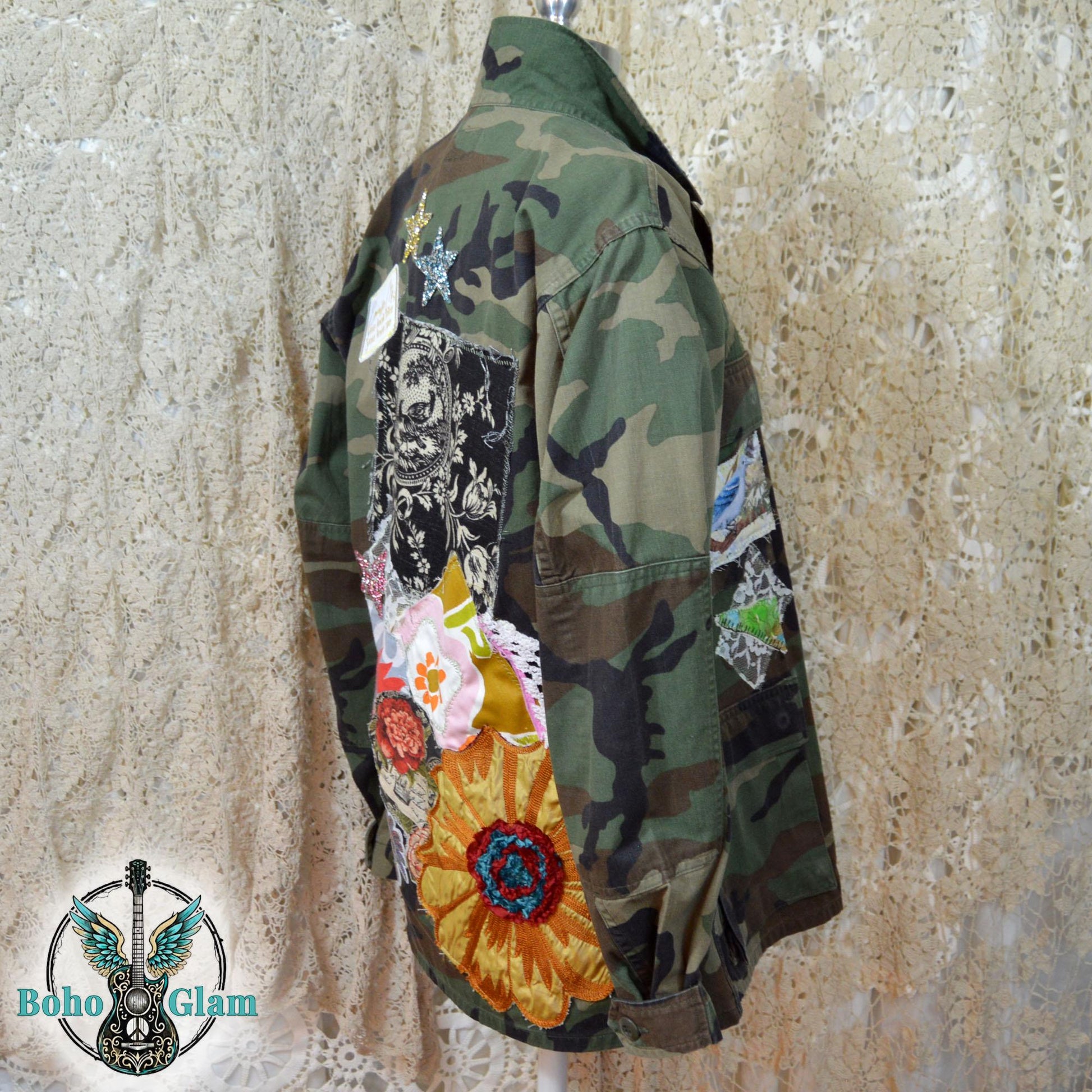 Upcycled Camo Patchwork Jacket, Boho Floral Applique Military Wearable Art