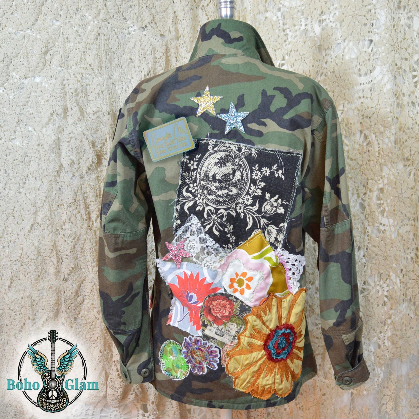 Upcycled Camo Patchwork Jacket, Boho Floral Applique Military Wearable Art