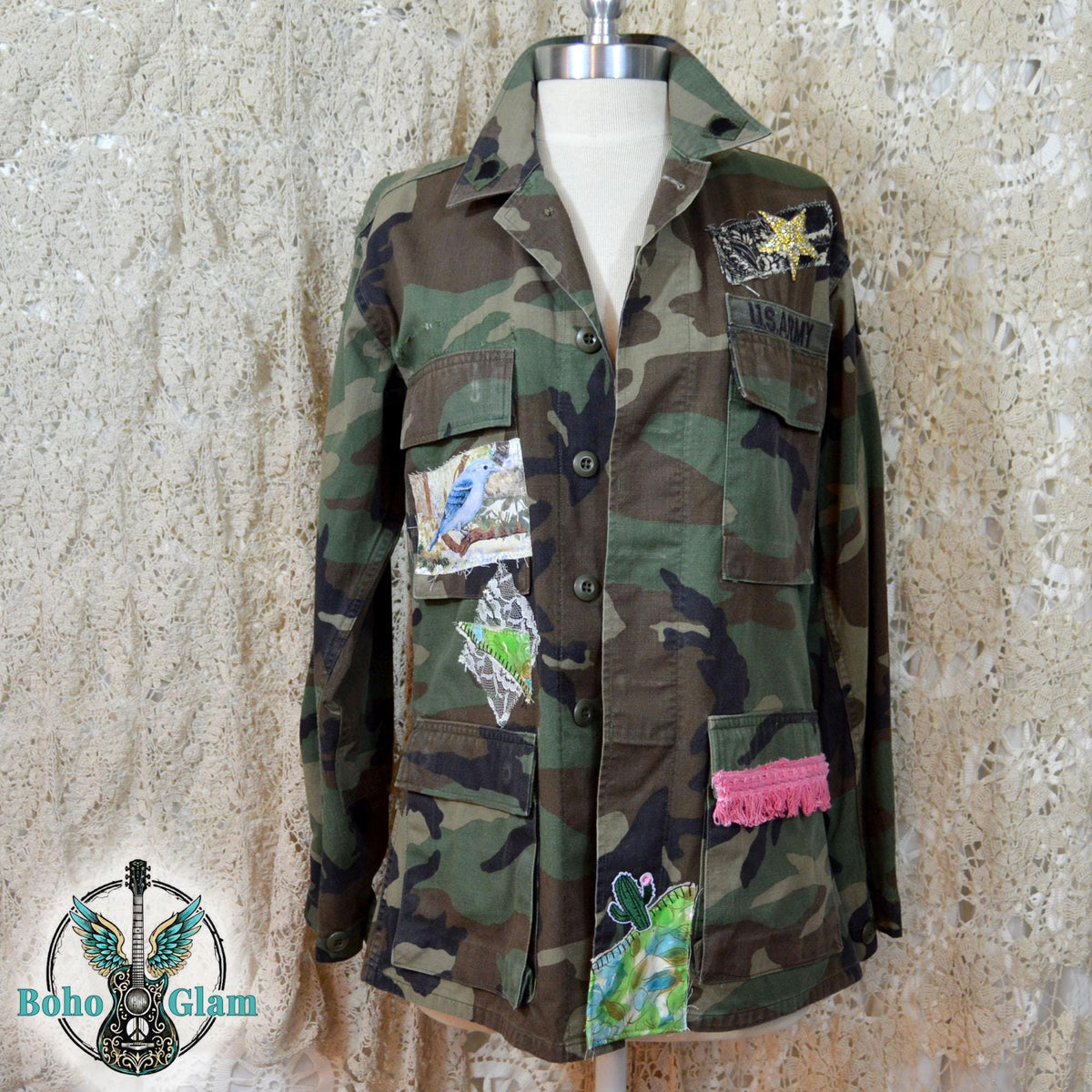 Camo Patchwork Jacket, Upcycled, Boho Floral Applique, Military Wearable Art