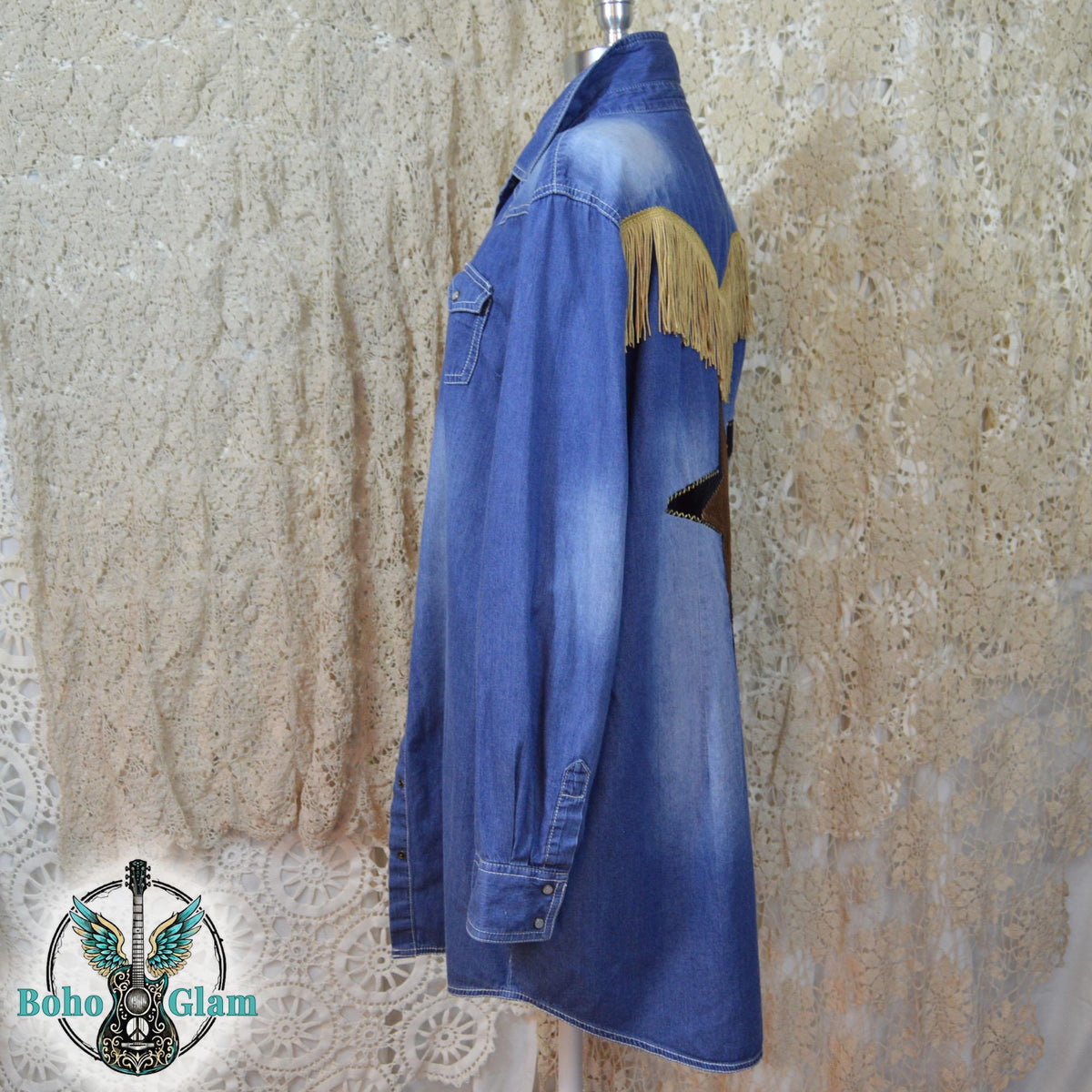 Upcycled Denim Duster Dress, Western Fringe Pearl Snap, Boho Cowgirl Jacket (Large)