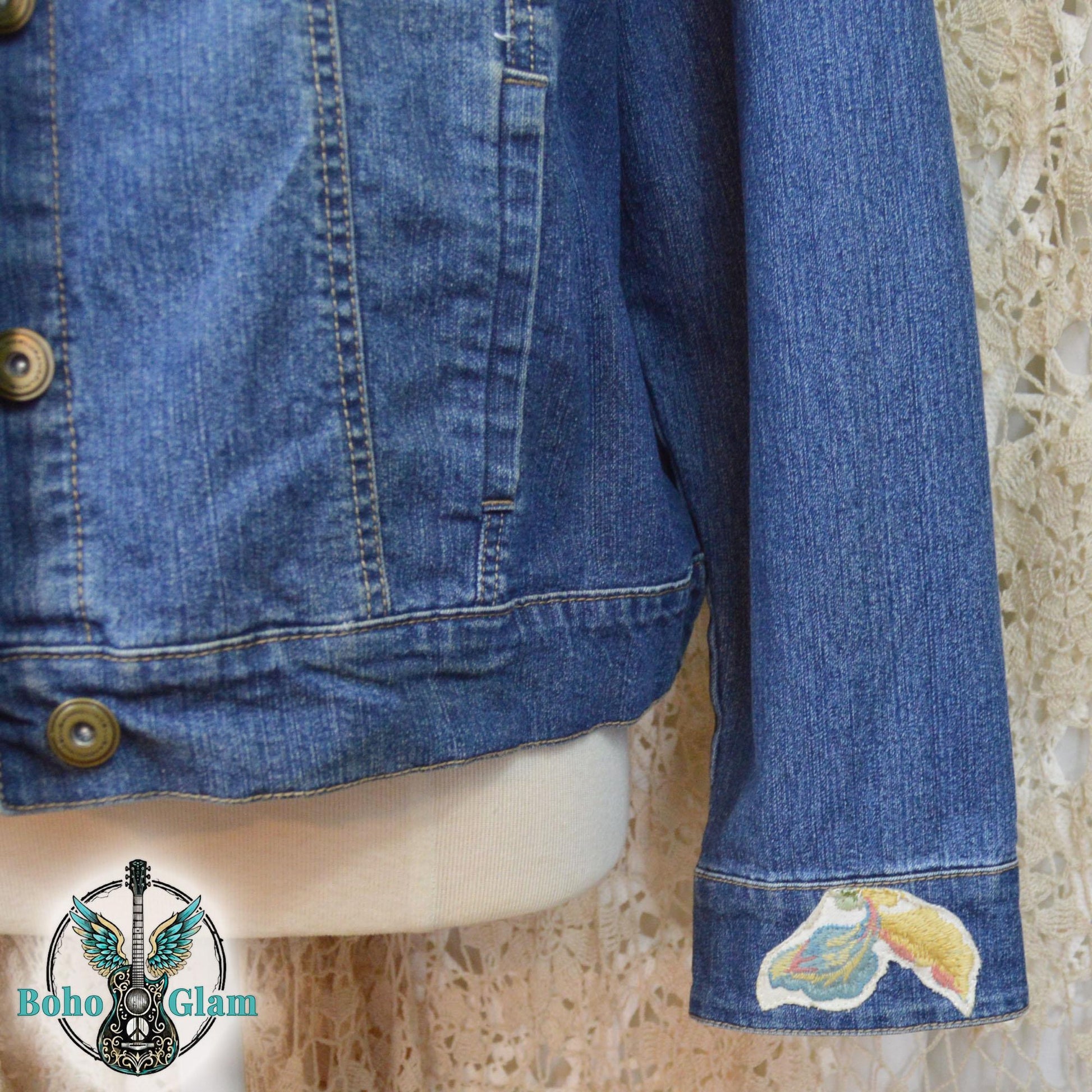 Embroidered Floral Denim Jacket, XL, Upcycled Boho Jean Jacket, Statement Back