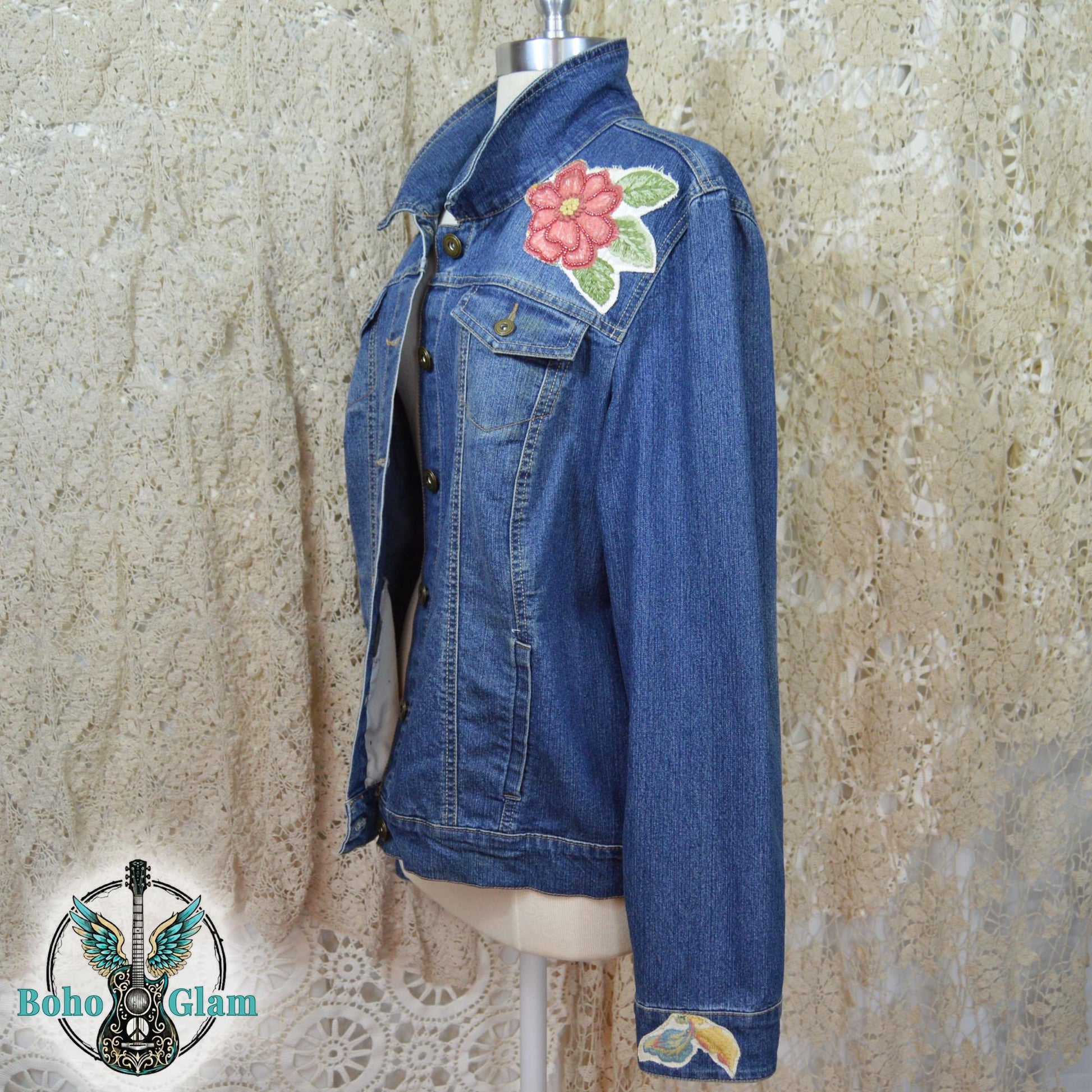 Embroidered Floral Denim Jacket, XL, Upcycled Boho Jean Jacket, Statement Back