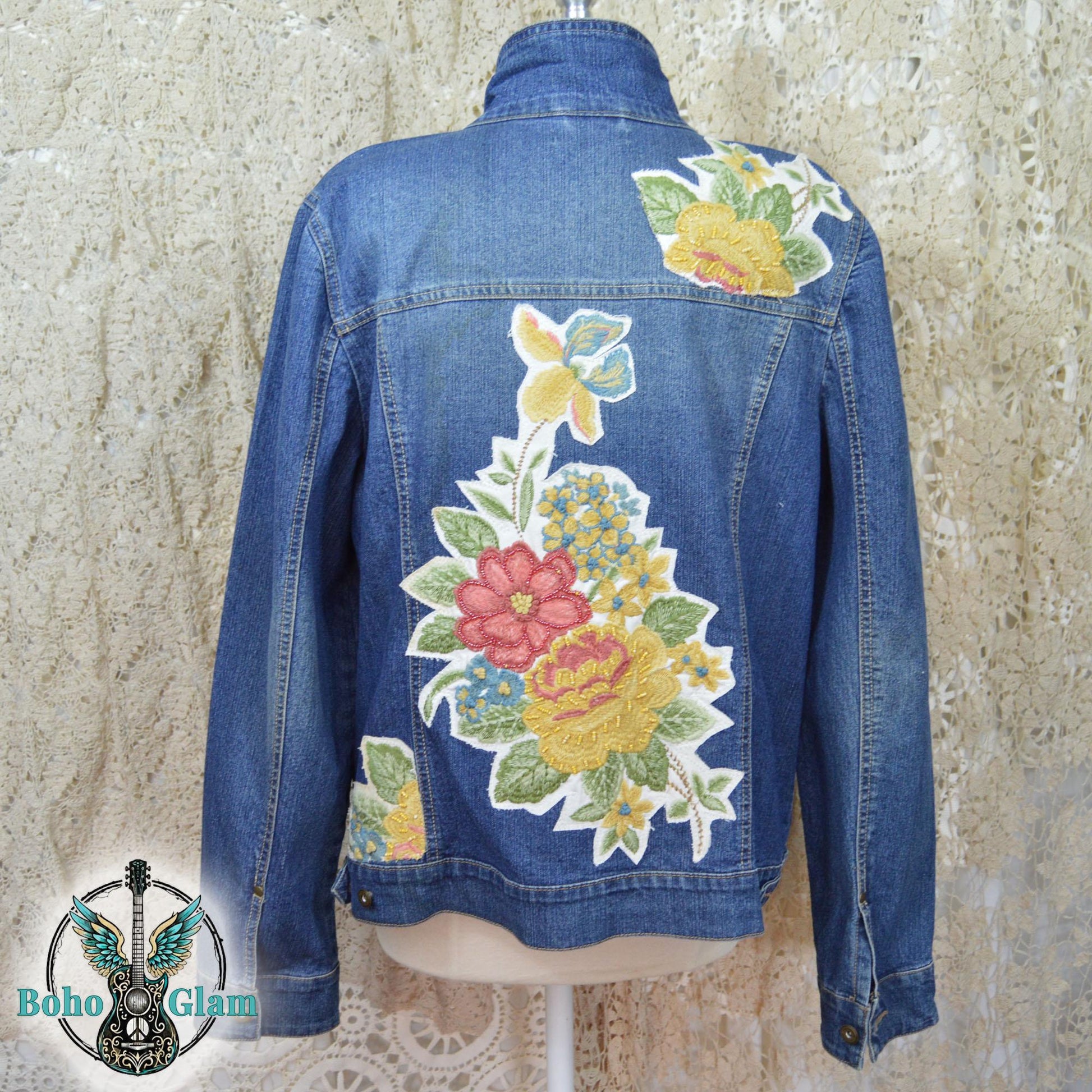 Embroidered Floral Denim Jacket, XL, Upcycled Boho Jean Jacket, Statement Back
