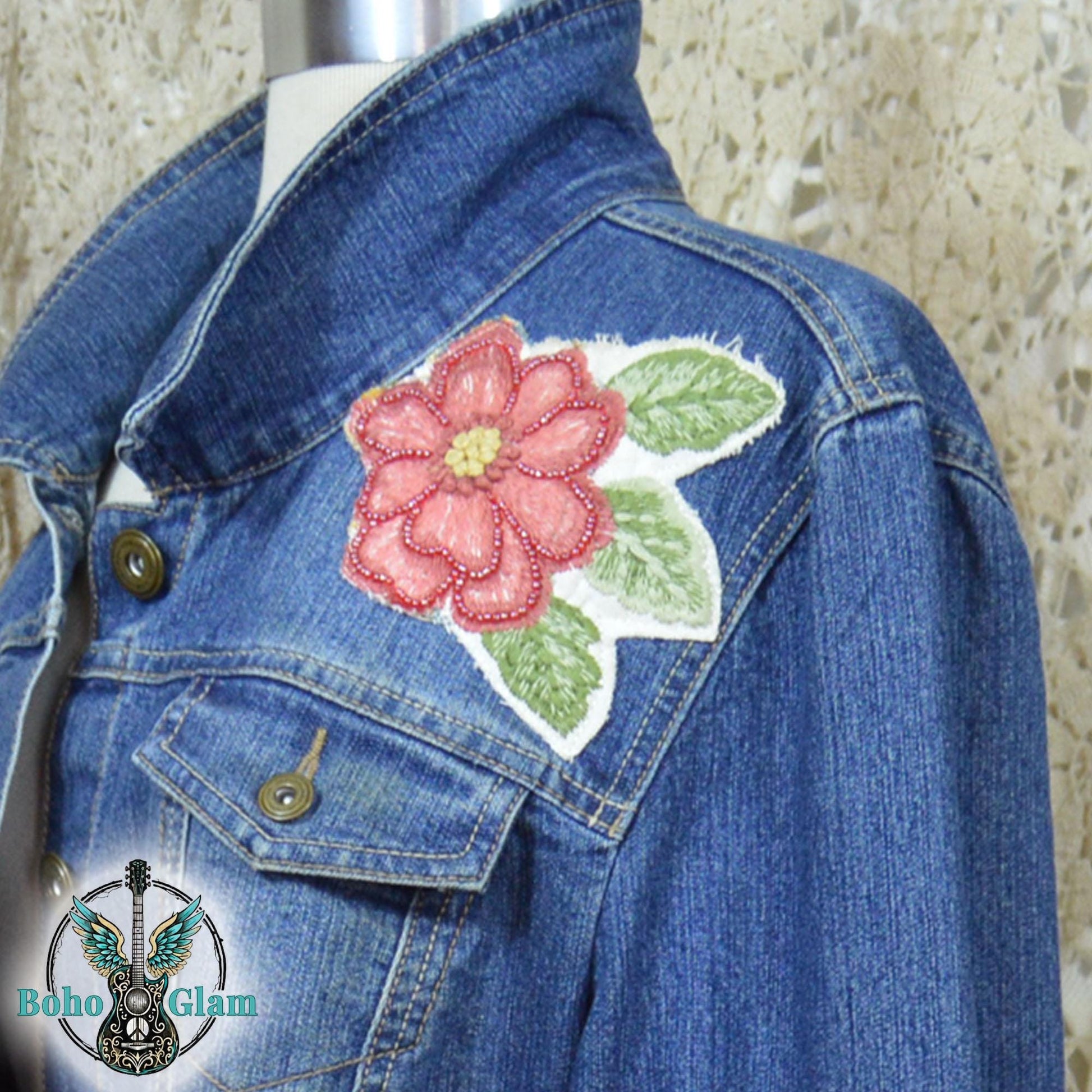 Embroidered Floral Denim Jacket, XL, Upcycled Boho Jean Jacket, Statement Back