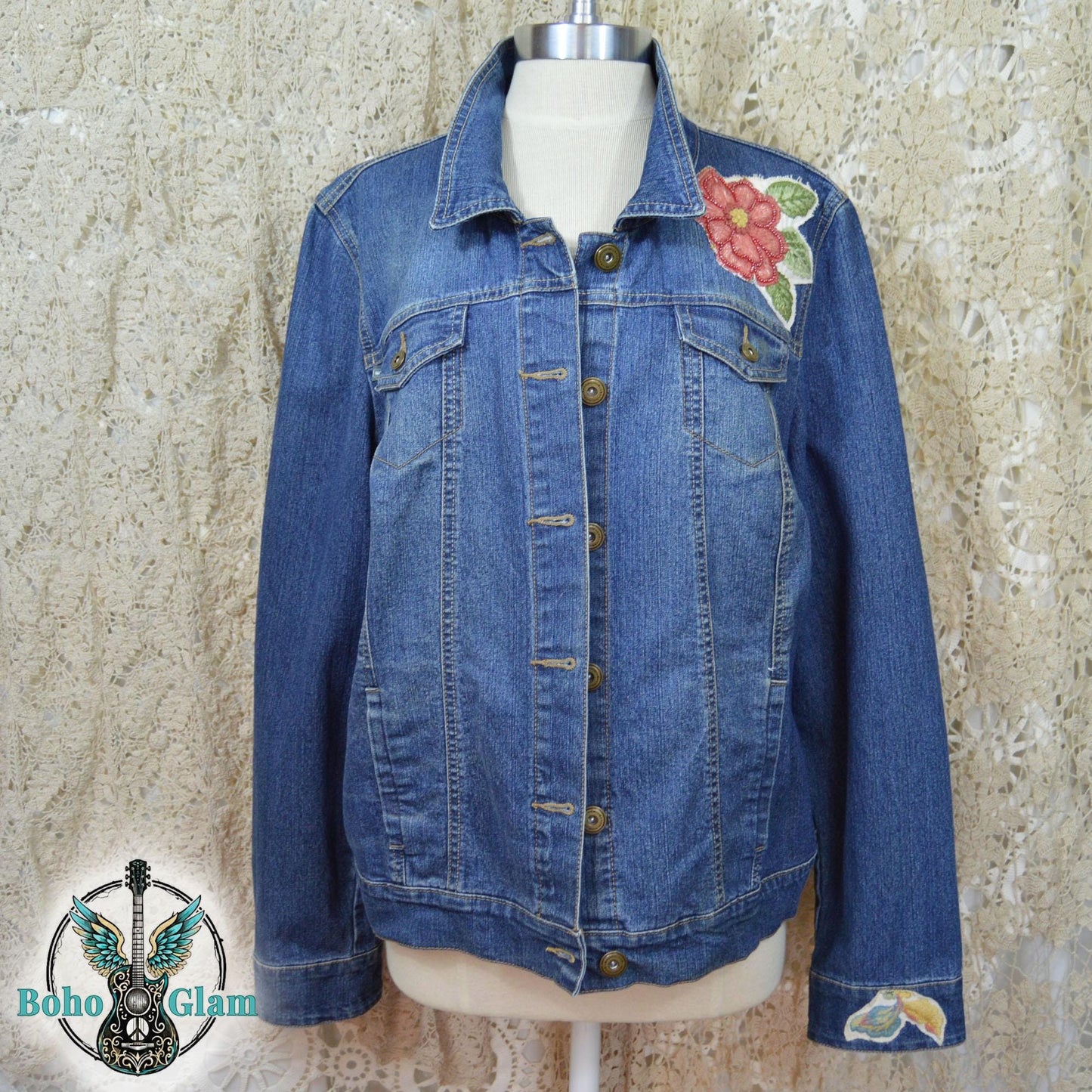 Embroidered Floral Denim Jacket, XL, Upcycled Boho Jean Jacket, Statement Back