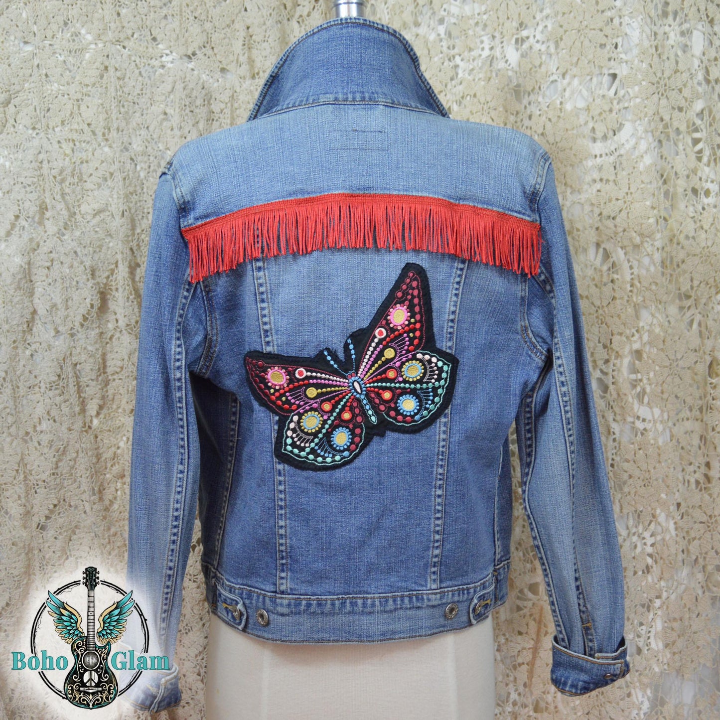 Butterfly Fringe Denim Jacket L, Upcycled Boho Western Jean Jacket