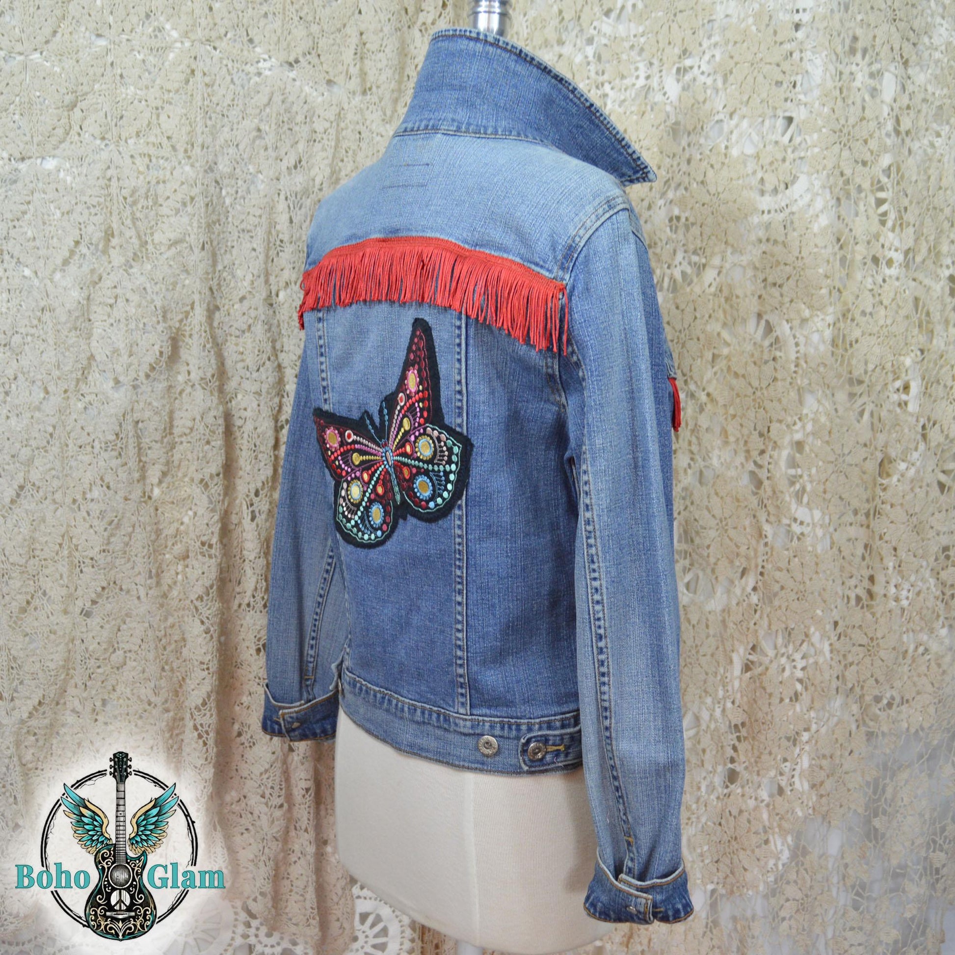 Butterfly Fringe Denim Jacket L, Upcycled Boho Western Jean Jacket