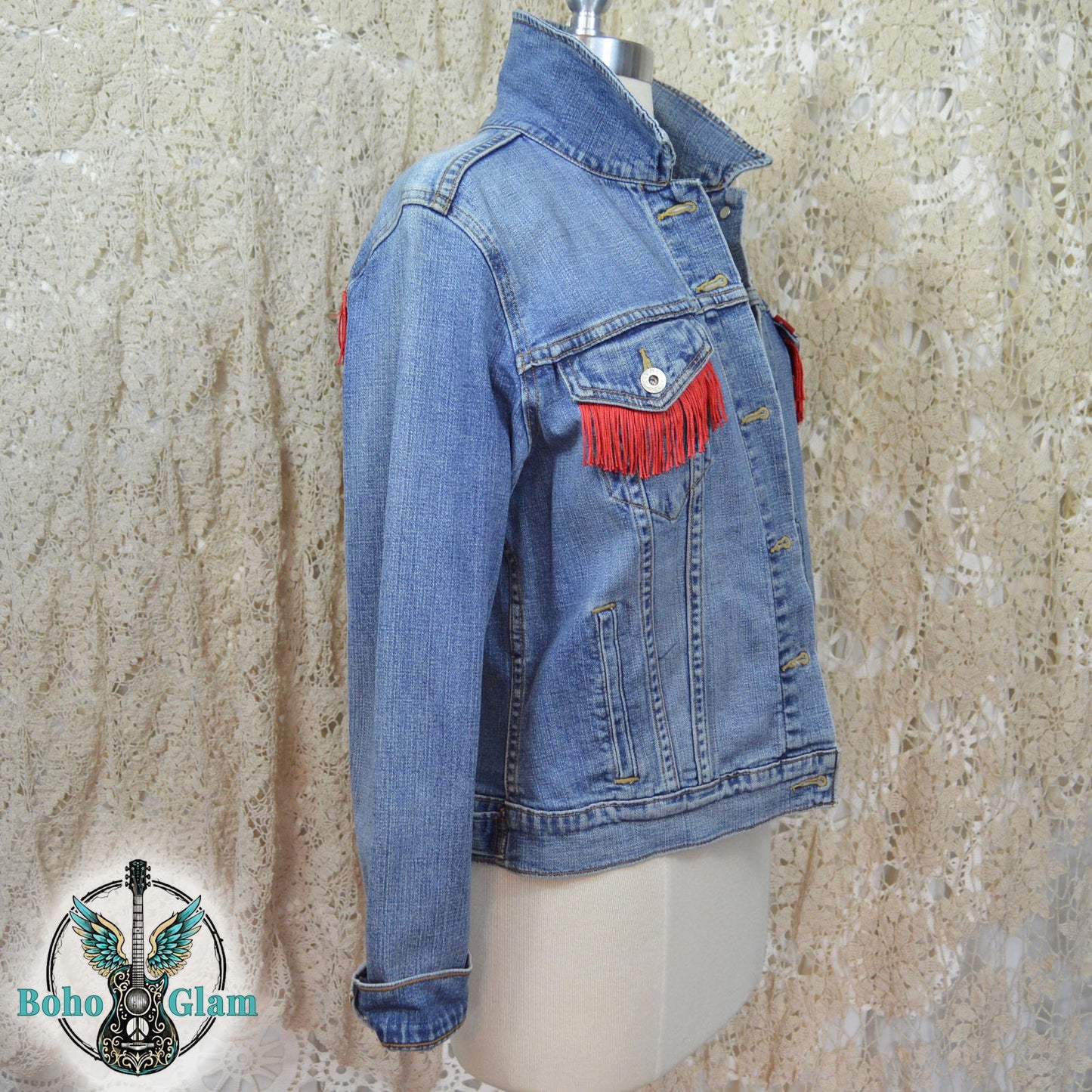 Butterfly Fringe Denim Jacket L, Upcycled Boho Western Jean Jacket