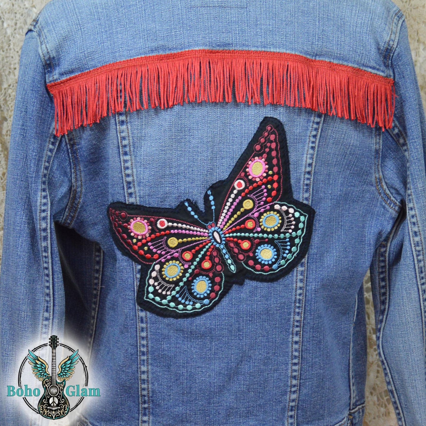 Butterfly Fringe Denim Jacket L, Upcycled Boho Western Jean Jacket