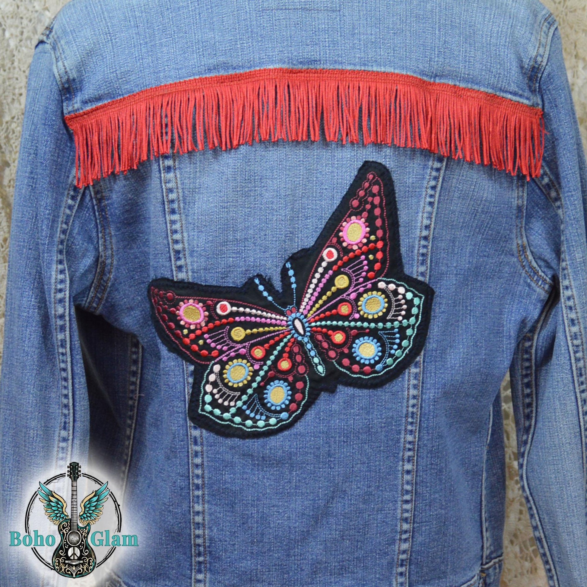 Butterfly Fringe Denim Jacket L, Upcycled Boho Western Jean Jacket