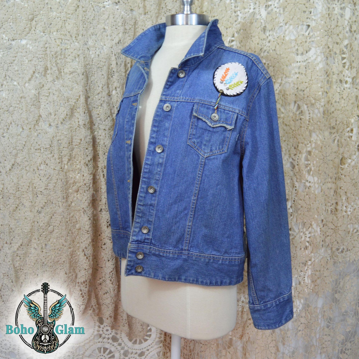Fringe Headdress Denim Jacket Medium Petite, Upcycled Boho Western Jean Jacket