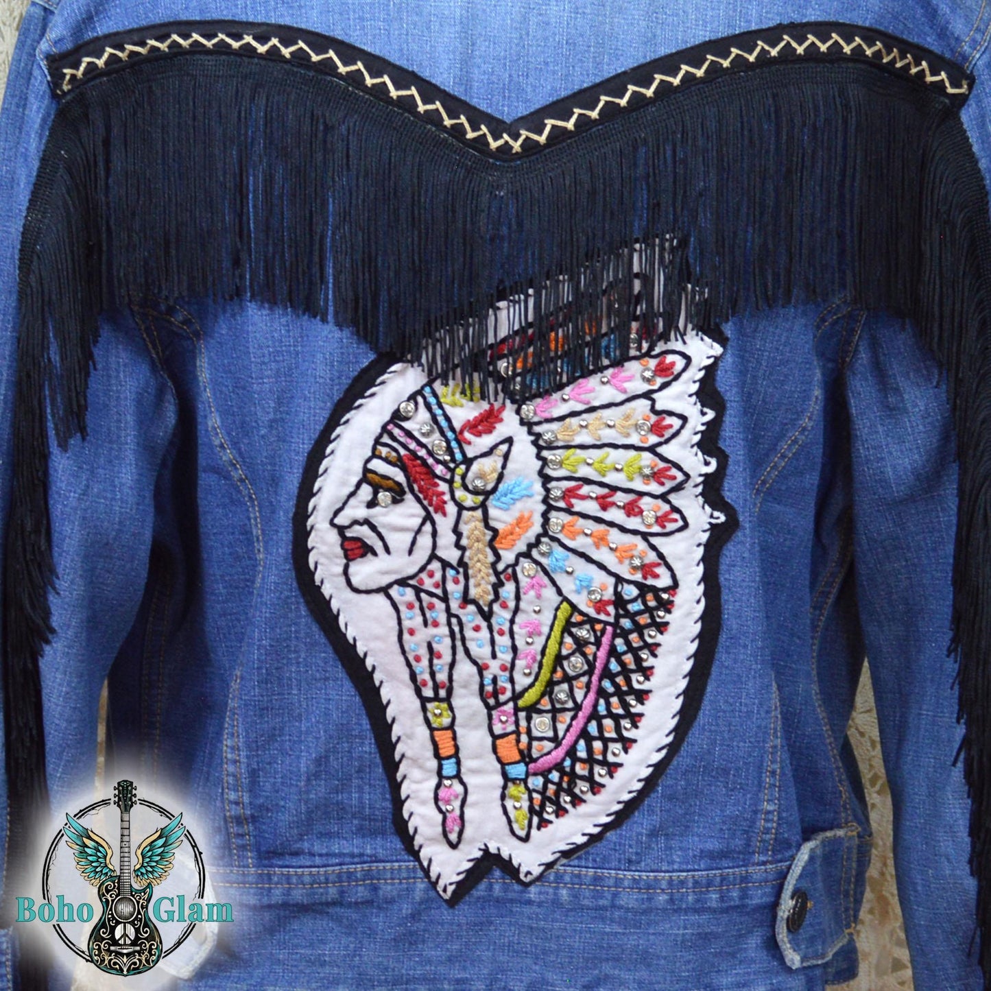 Fringe Headdress Denim Jacket Medium Petite, Upcycled Boho Western Jean Jacket