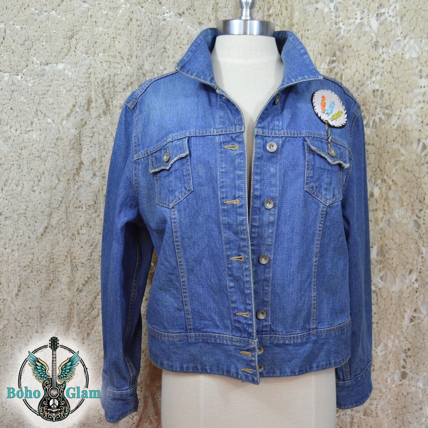 Fringe Headdress Denim Jacket Medium Petite, Upcycled Boho Western Jean Jacket