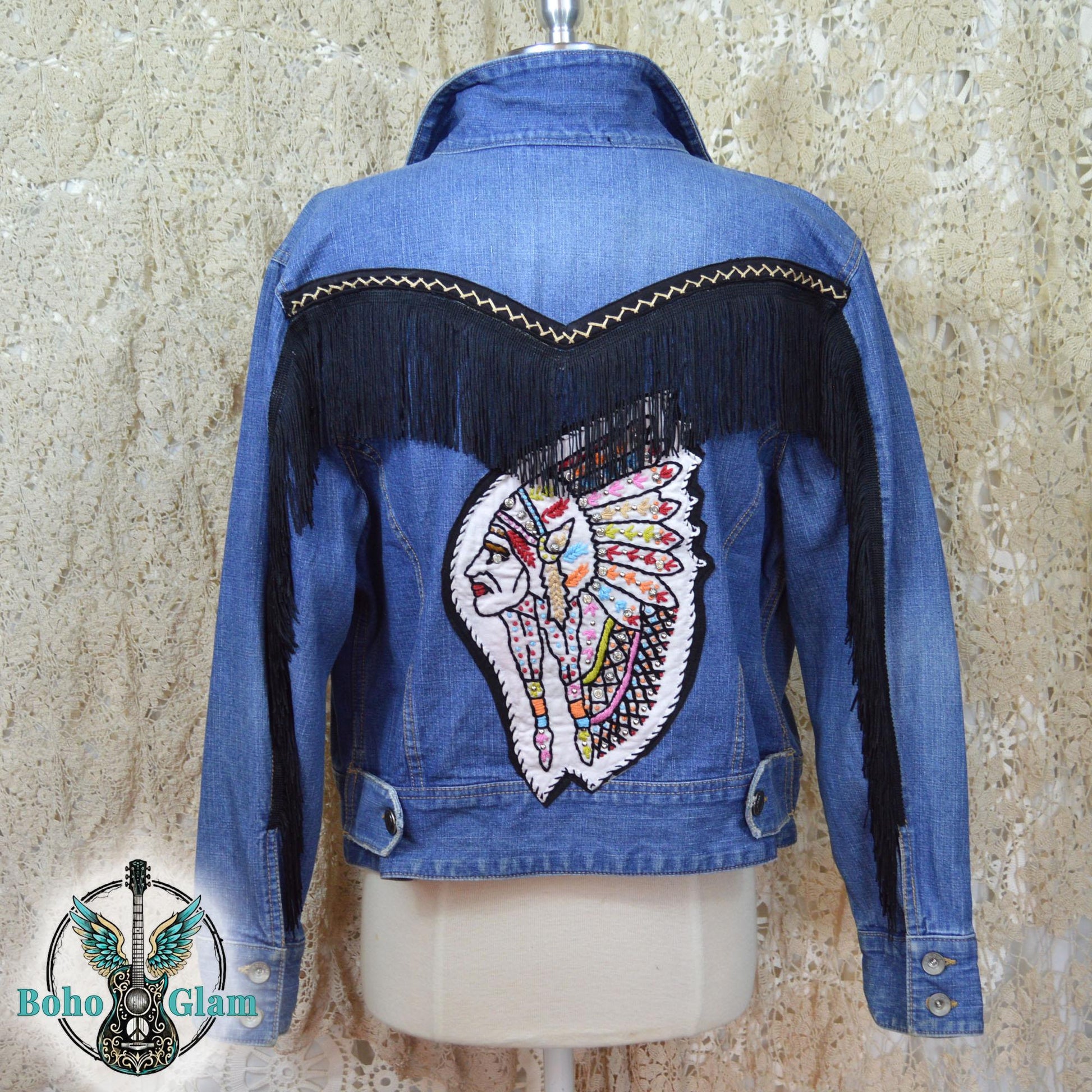 Fringe Headdress Denim Jacket Medium Petite, Upcycled Boho Western Jean Jacket