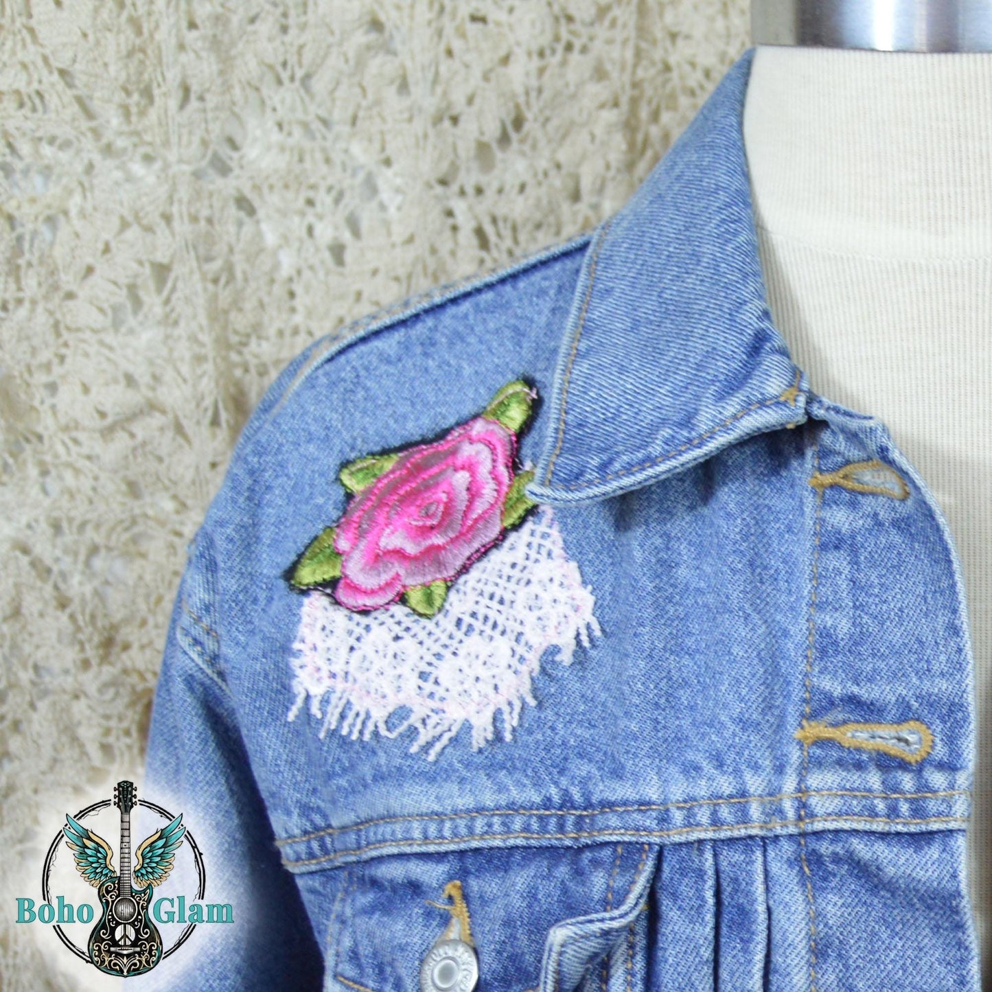 Lace Back Rose Denim Jacket, Upcycled Jean Jacket Large, Boho Cowgirl Layer