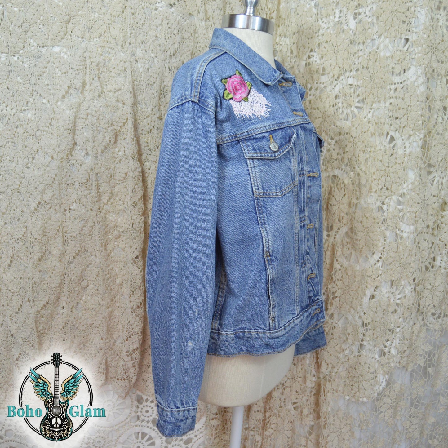 Lace Back Rose Denim Jacket, Upcycled Jean Jacket Large, Boho Cowgirl Layer
