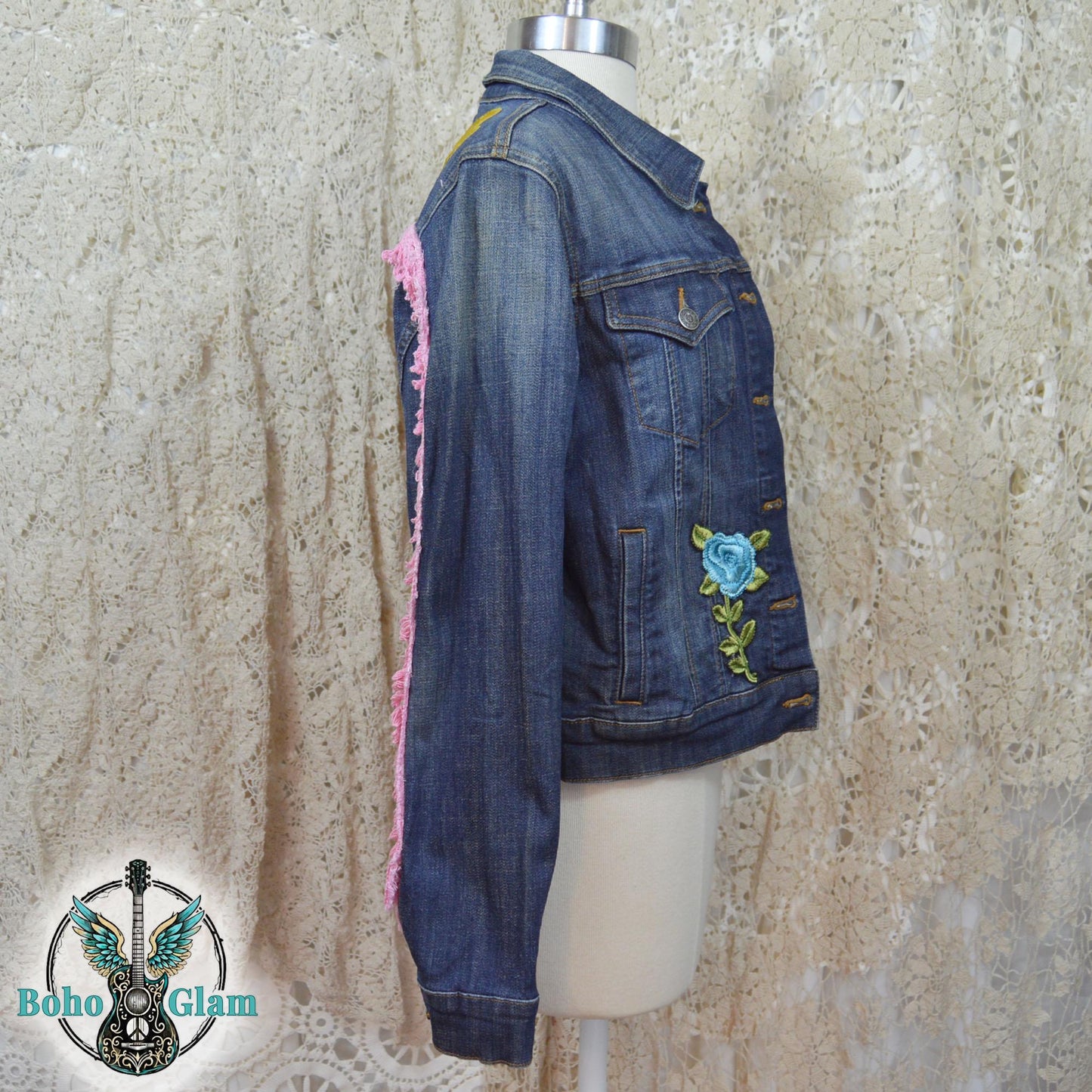 Upcycled Love Jesus Denim Jacket Medium, Sacred Heart Fringe Boho