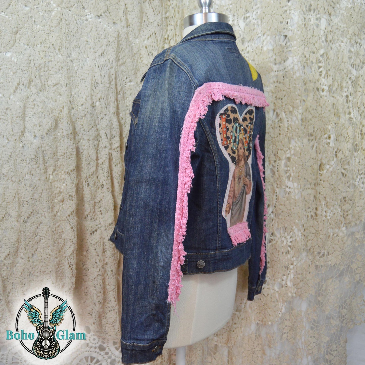 Upcycled Love Jesus Denim Jacket Medium, Sacred Heart Fringe Boho