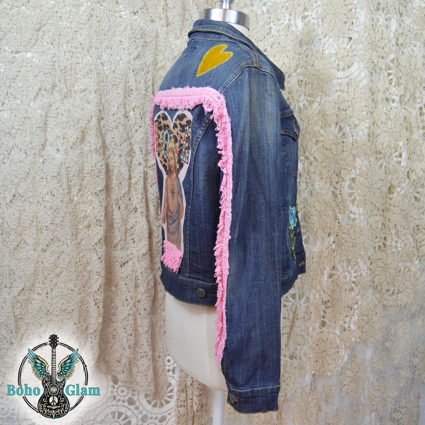 Upcycled Love Jesus Denim Jacket Medium, Sacred Heart Fringe Boho