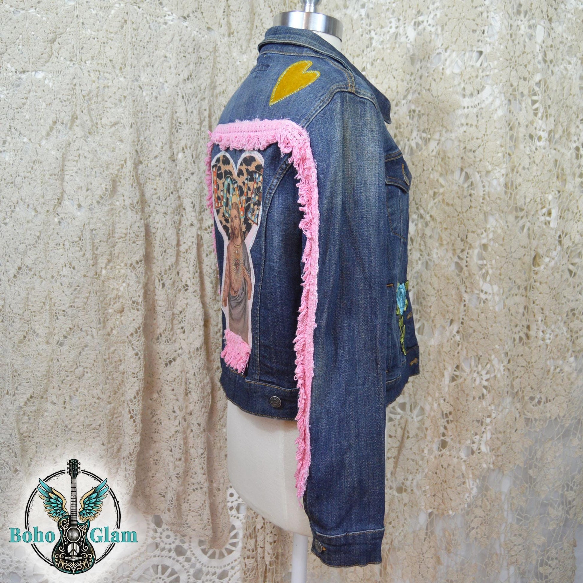 Upcycled Love Jesus Denim Jacket Medium, Sacred Heart Fringe Boho