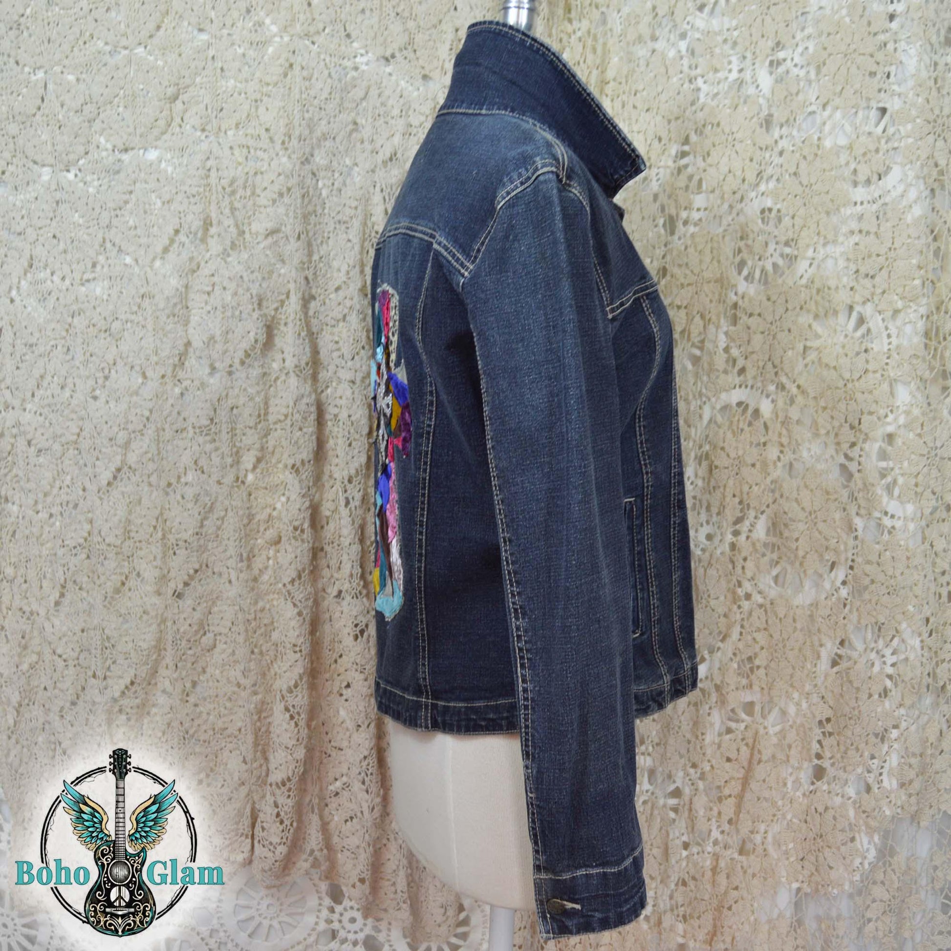 Upcycled Cross Denim Jacket Medium – Patchwork Velvet Cross, Boho Western