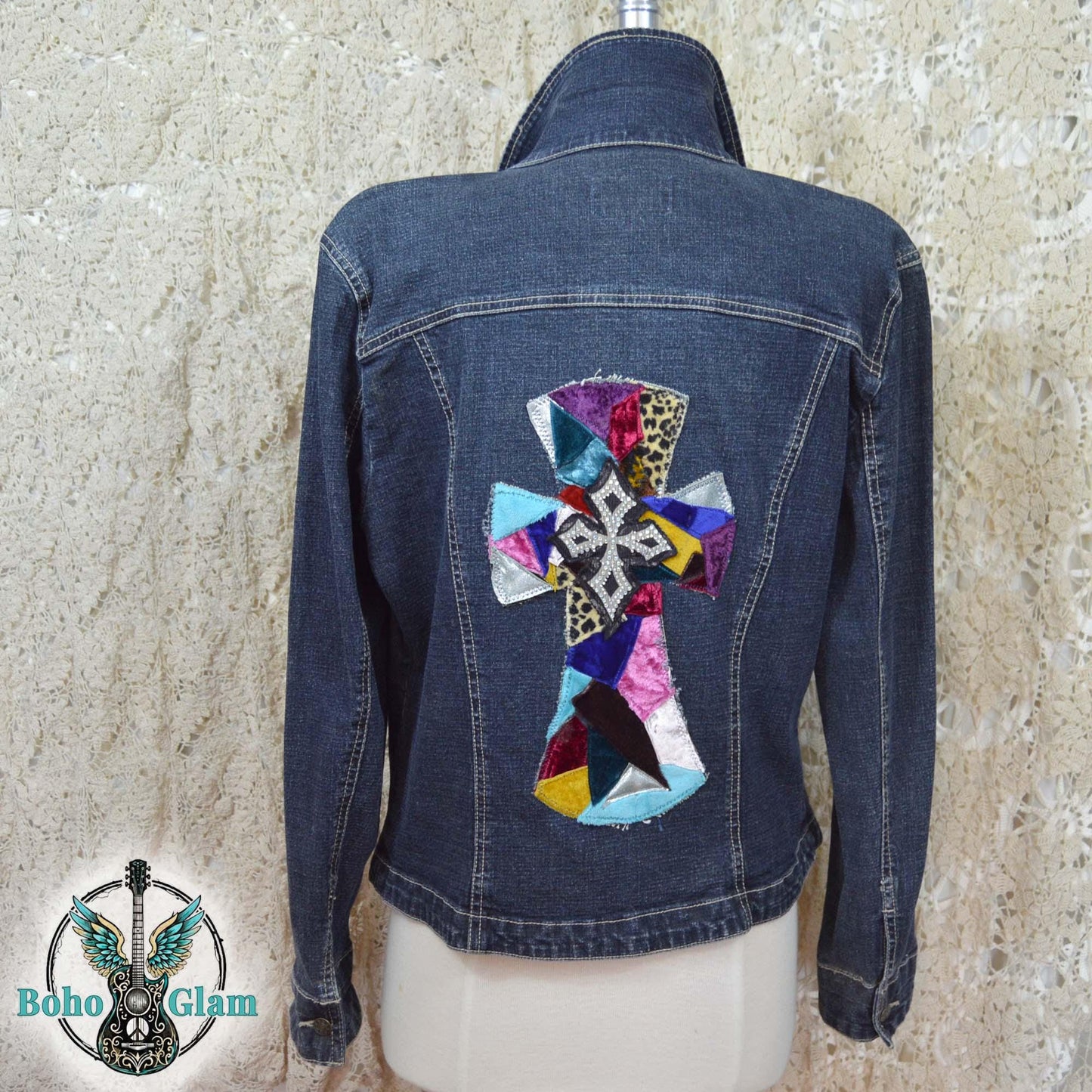 Upcycled Cross Denim Jacket Medium – Patchwork Velvet Cross, Boho Western