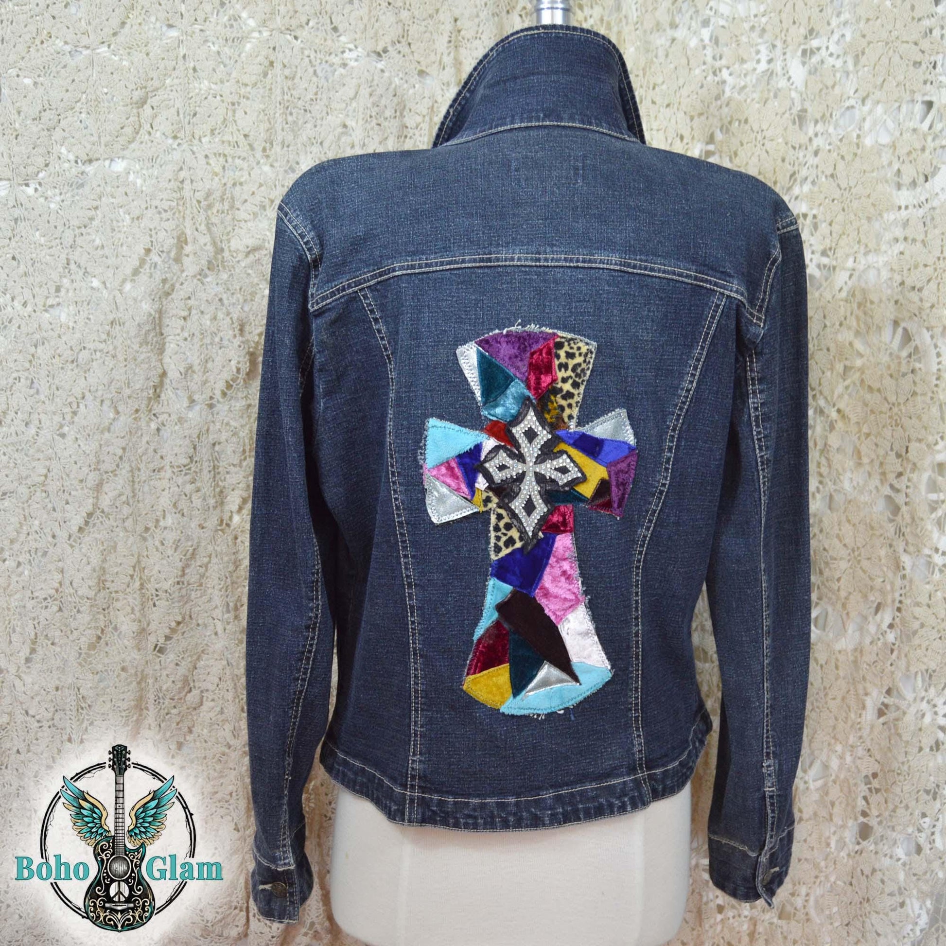 Upcycled Cross Denim Jacket Medium – Patchwork Velvet Cross, Boho Western