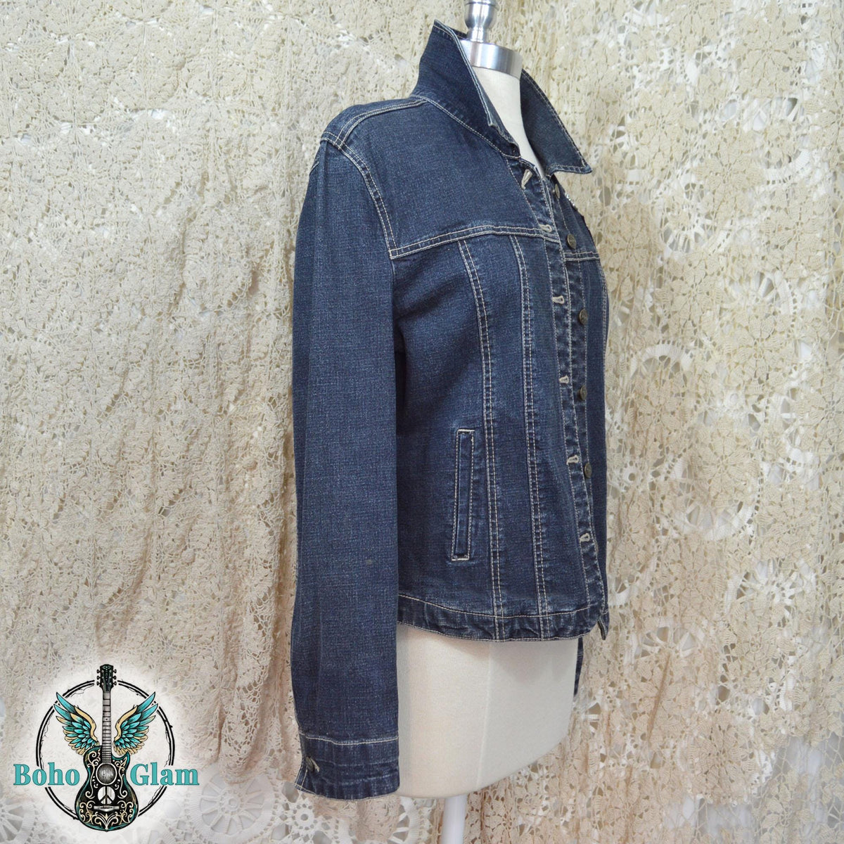 Upcycled Cross Denim Jacket Medium – Patchwork Velvet Cross, Boho Western