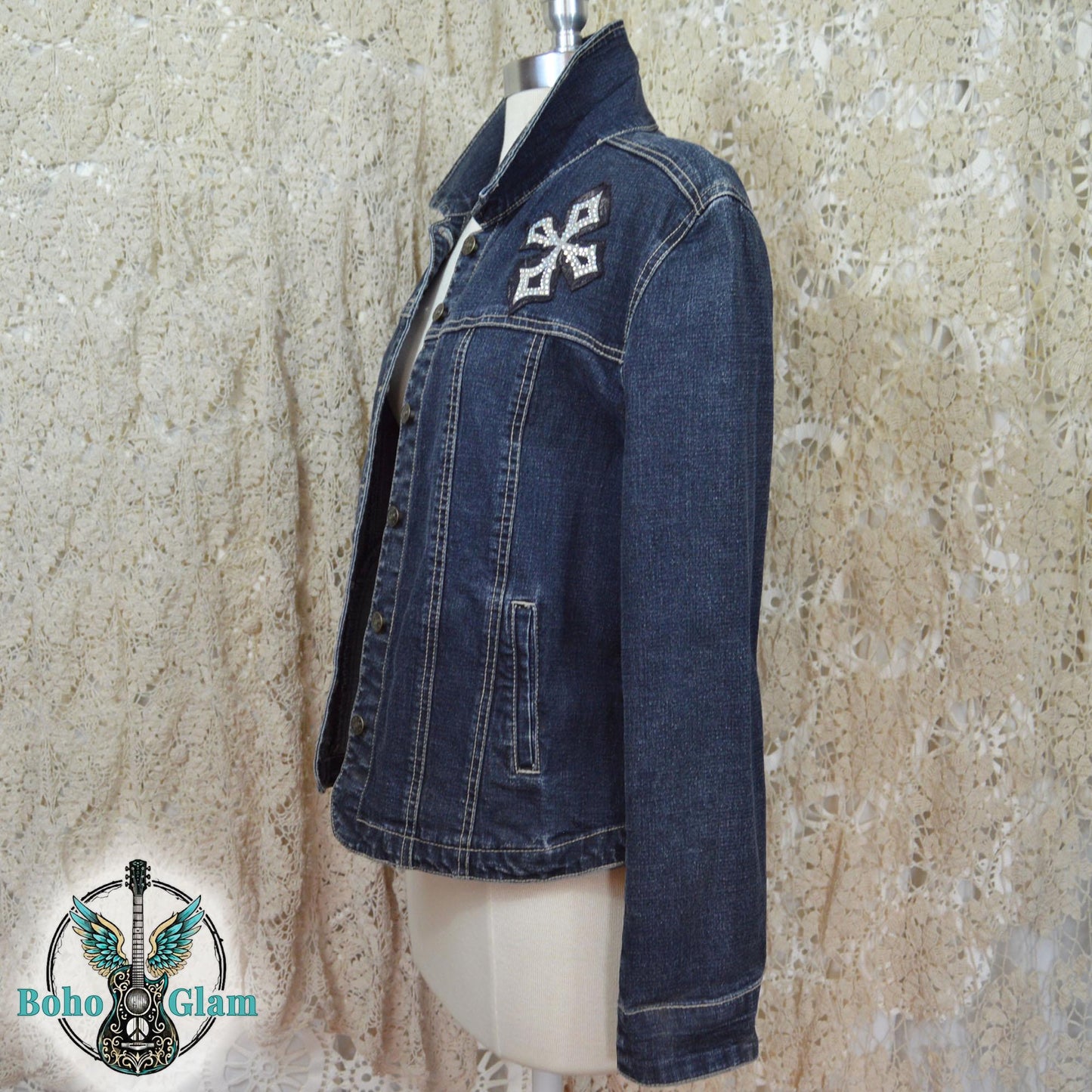 Upcycled Cross Denim Jacket Medium – Patchwork Velvet Cross, Boho Western