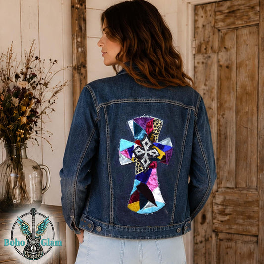 Upcycled Cross Denim Jacket Medium – Patchwork Velvet Cross, Boho Western