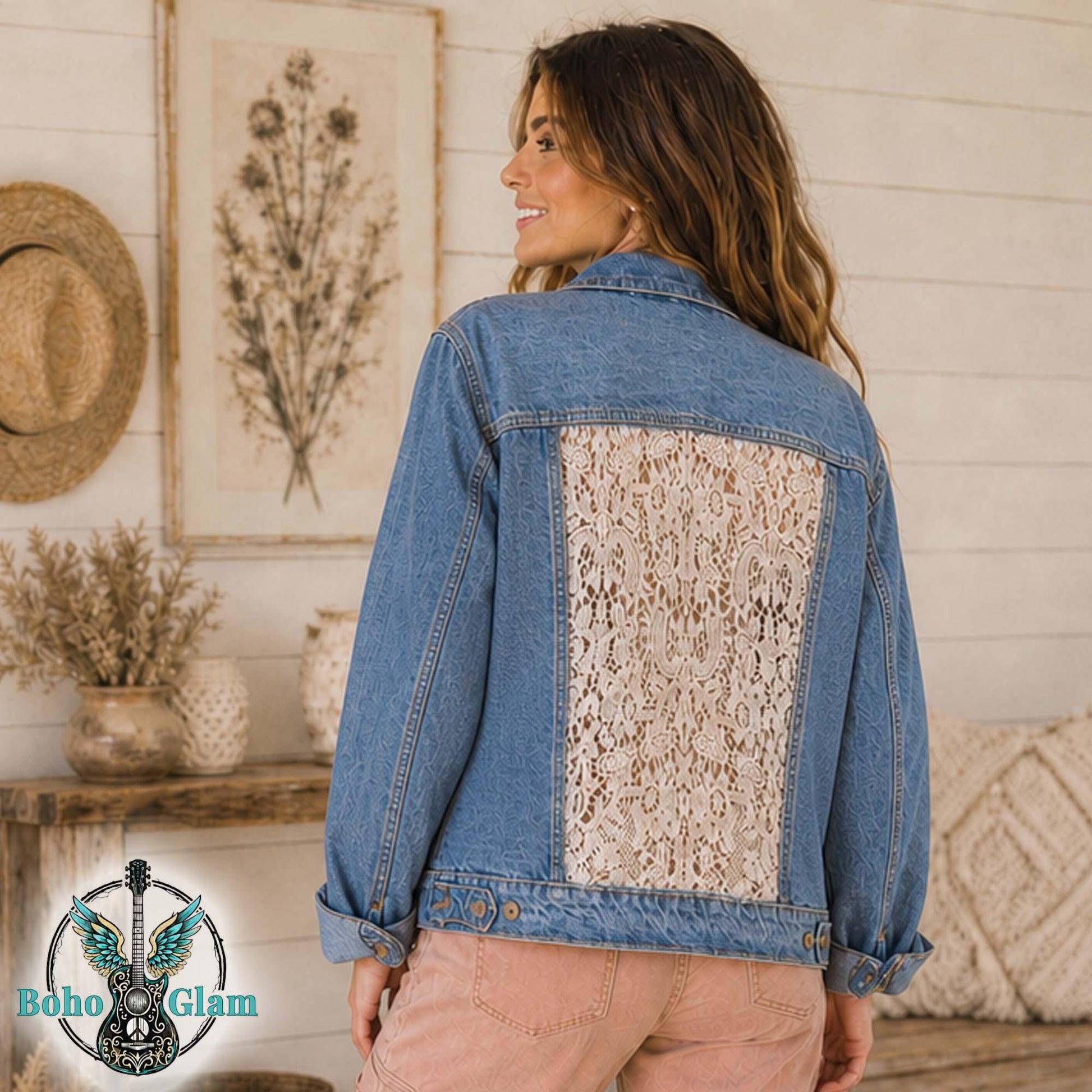 Lace Back Rose Denim Jacket, Upcycled Jean Jacket Large, Boho Cowgirl Layer