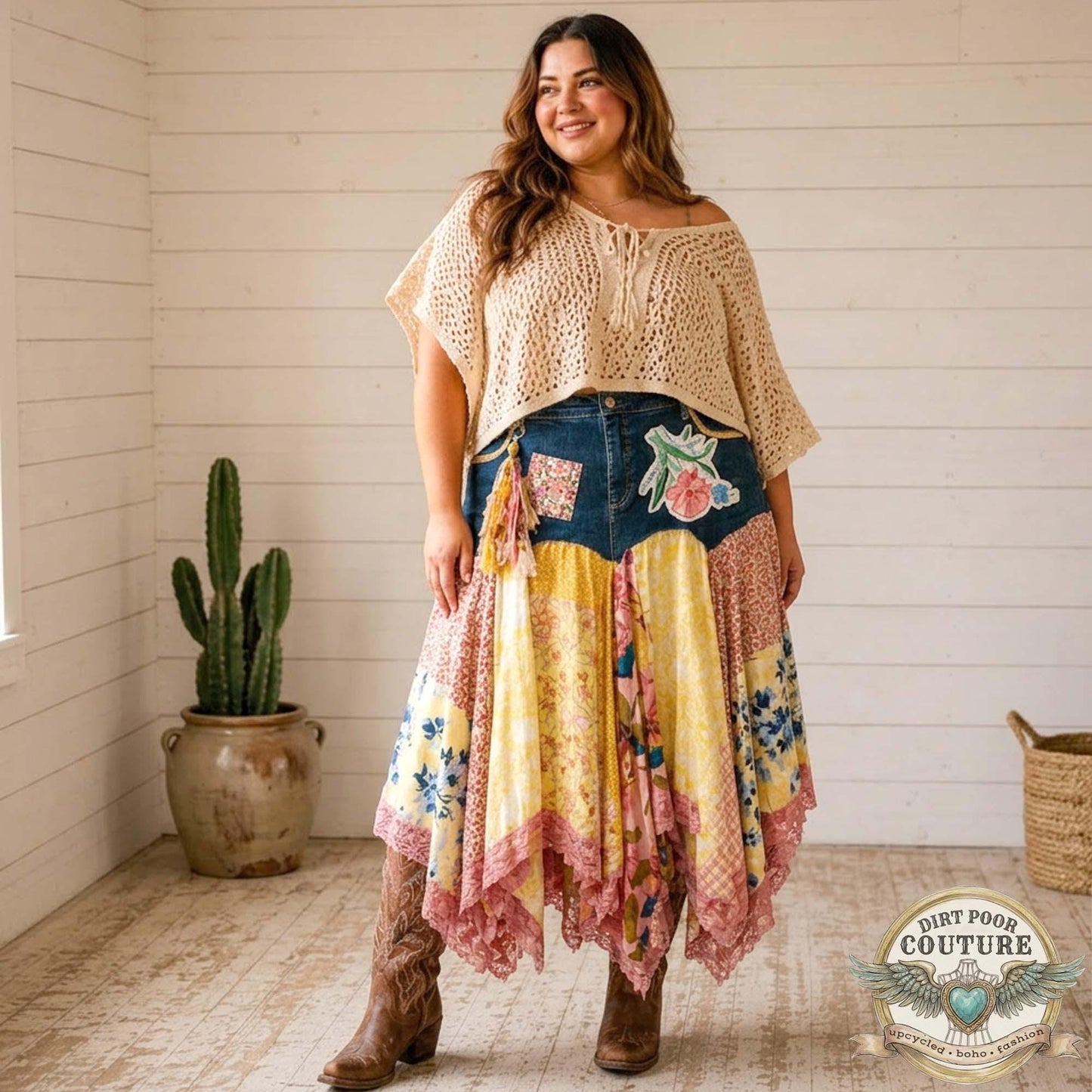 Yellow Scrappy Patchwork Skirt, Yellow and Pink, One-of-a-Kind Boho Hi Low Maxi Skirt, Custom Made to Order, Size Inclusive 4 to Plus