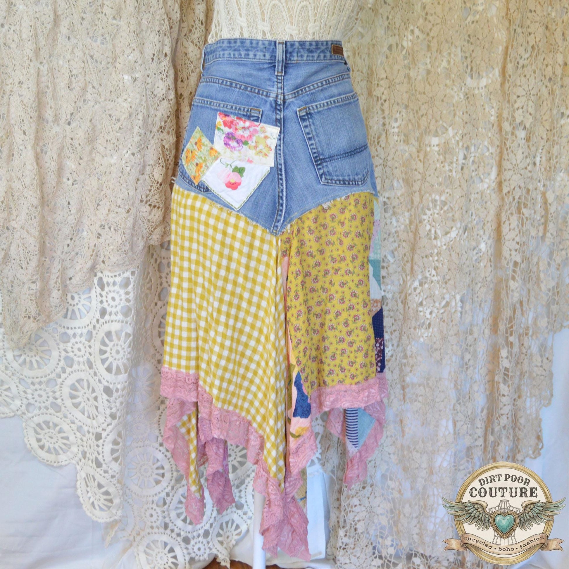 Yellow Scrappy Patchwork Skirt, Yellow and Pink, One-of-a-Kind Boho Hi Low Maxi Skirt, Custom Made to Order, Size Inclusive 4 to Plus