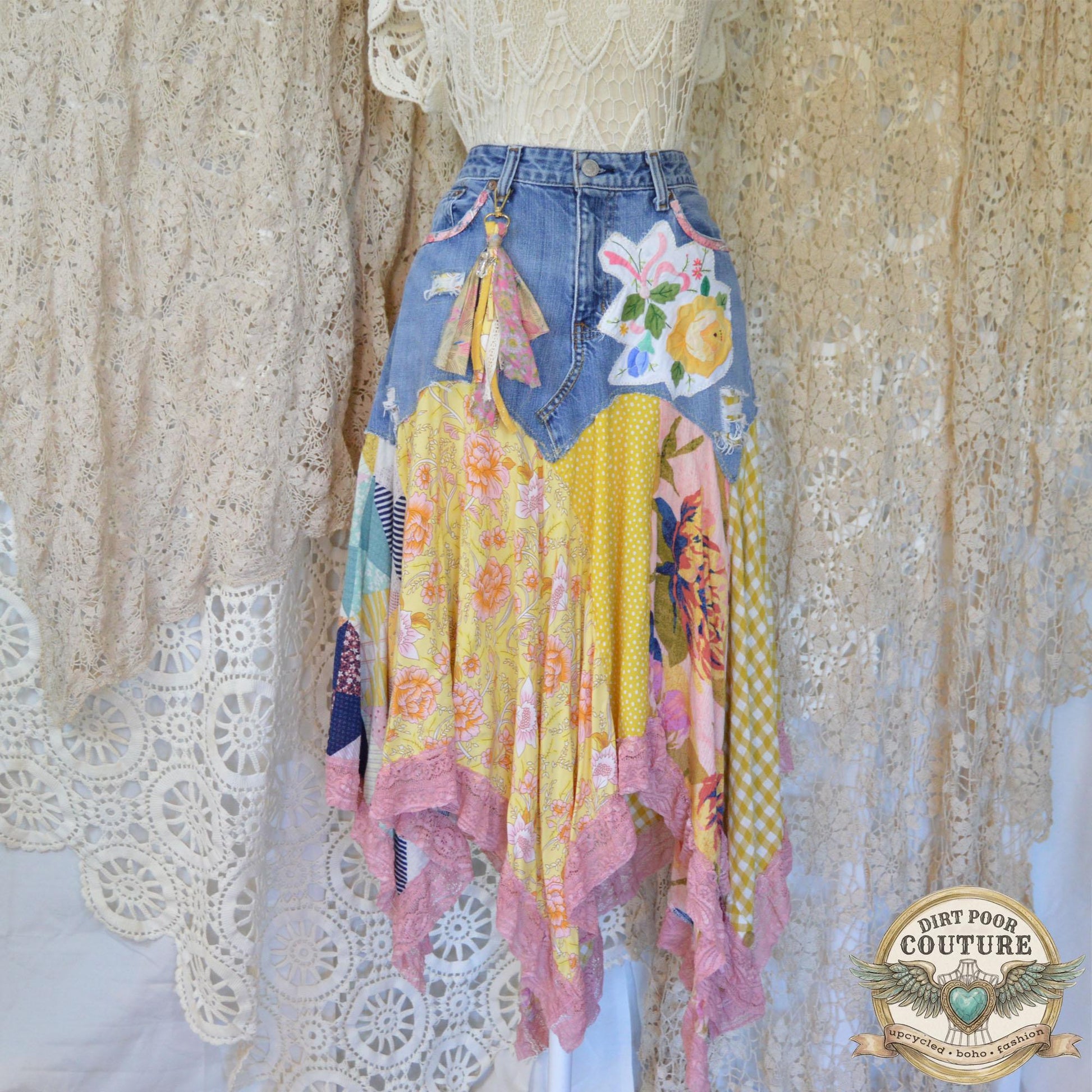 Yellow Scrappy Patchwork Skirt, Yellow and Pink, One-of-a-Kind Boho Hi Low Maxi Skirt, Custom Made to Order, Size Inclusive 4 to Plus