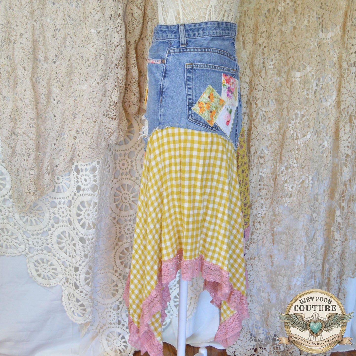 Yellow Scrappy Patchwork Skirt, Yellow and Pink, One-of-a-Kind Boho Hi Low Maxi Skirt, Custom Made to Order, Size Inclusive 4 to Plus
