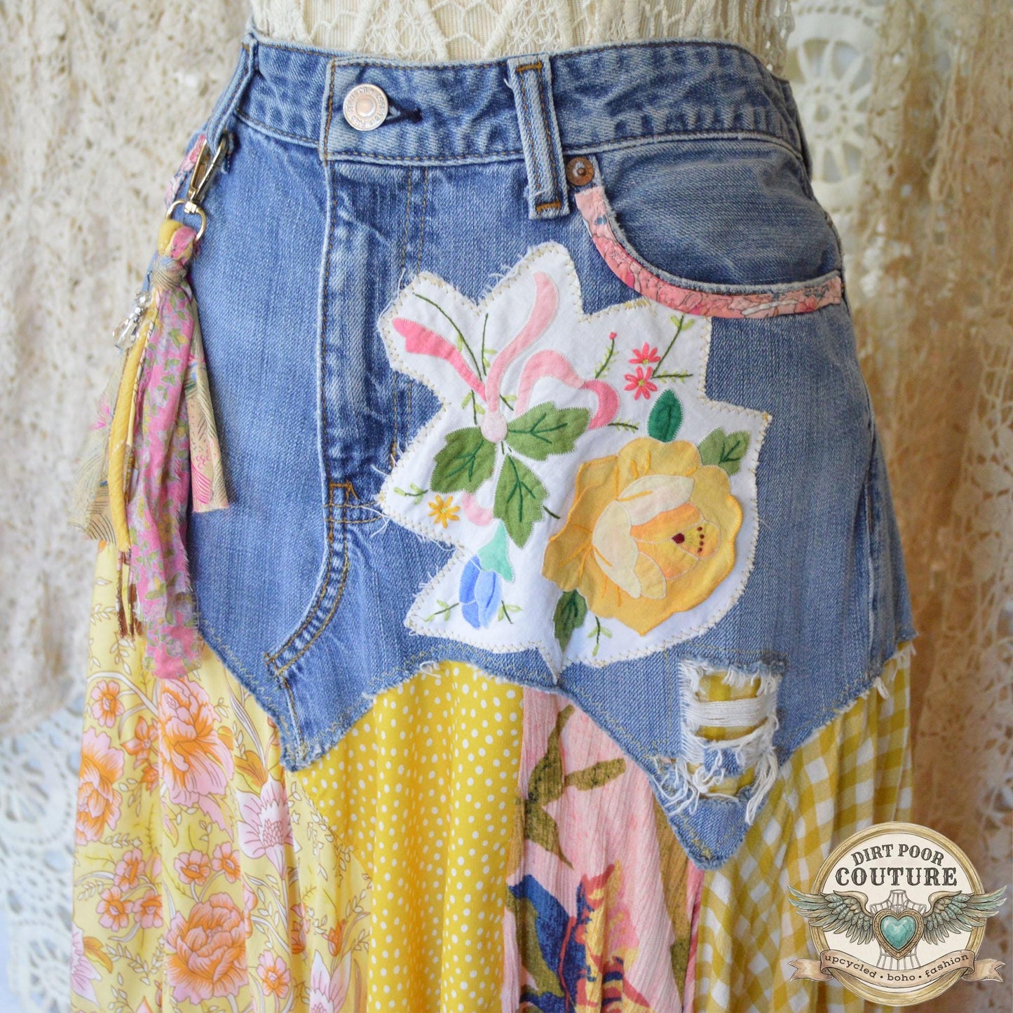 Yellow Scrappy Patchwork Skirt, Yellow and Pink, One-of-a-Kind Boho Hi Low Maxi Skirt, Custom Made to Order, Size Inclusive 4 to Plus