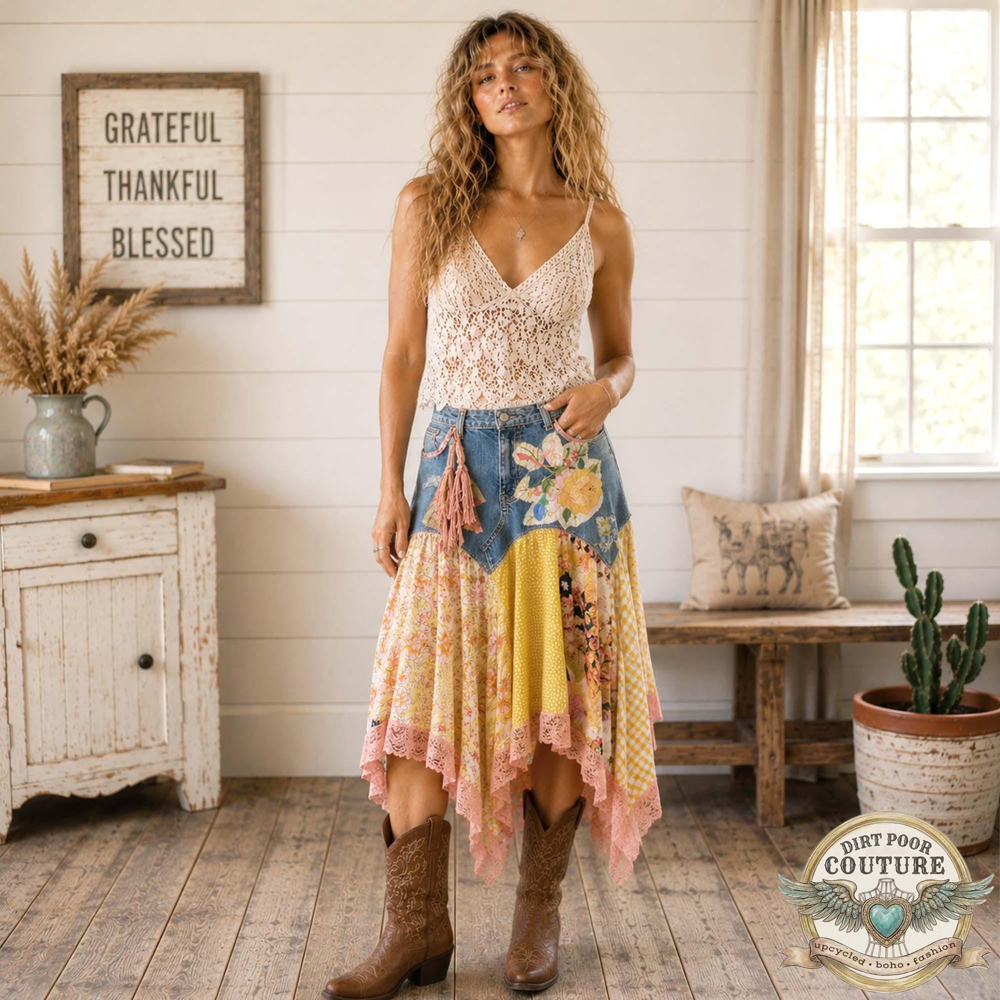 Yellow Scrappy Patchwork Skirt, Yellow and Pink, One-of-a-Kind Boho Hi Low Maxi Skirt, Custom Made to Order, Size Inclusive 4 to Plus