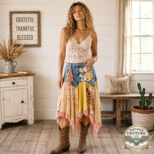 Yellow Scrappy Patchwork Skirt, Yellow and Pink, One-of-a-Kind Boho Hi Low Maxi Skirt, Custom Made to Order, Size Inclusive 4 to Plus