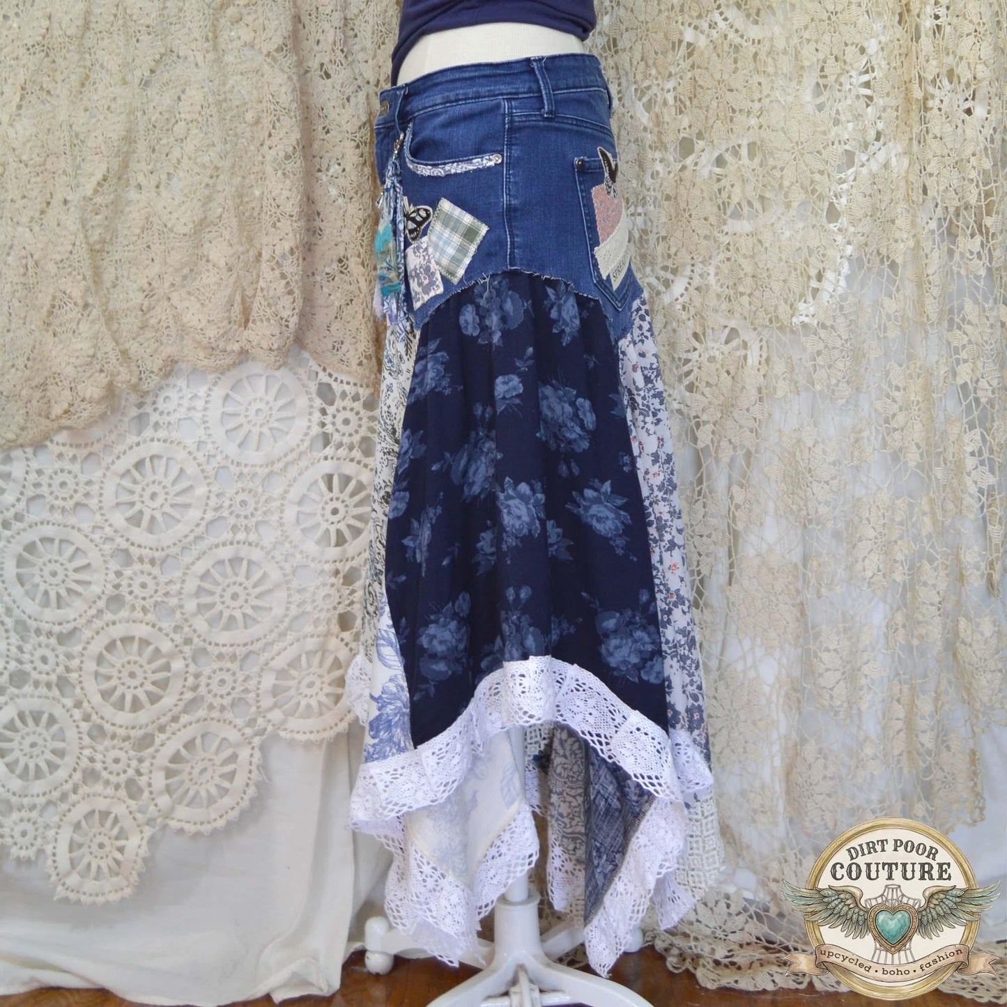 Blue Scrappy Patchwork Skirt, Shades of Blues, One-of-a-Kind Boho Hi Low Maxi Skirt, Custom Made to Order